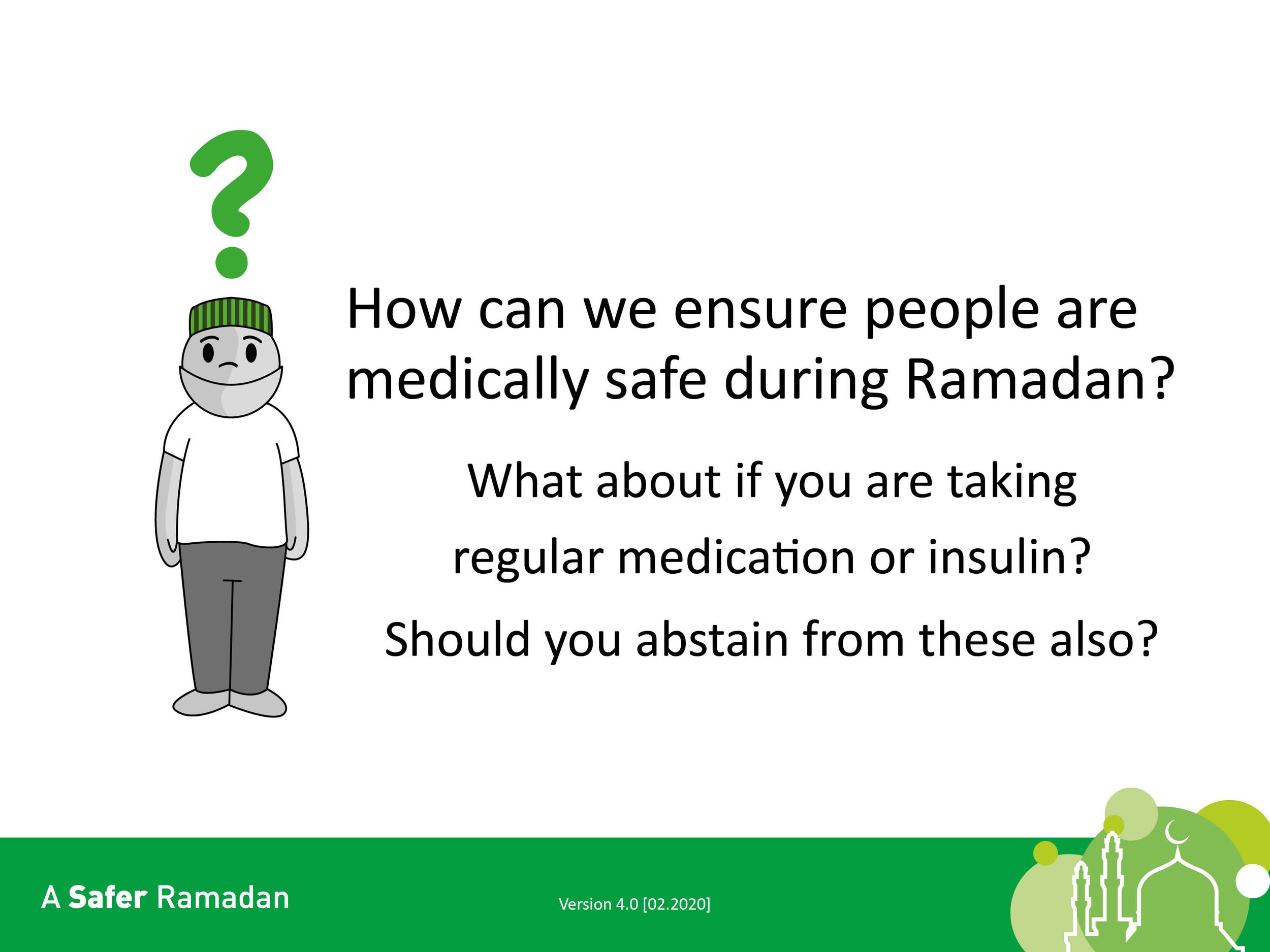 Cartoon person with question mark, text about medical safety during Ramadan, medication, and insulin, titled 'A Safer Ramadan.'"