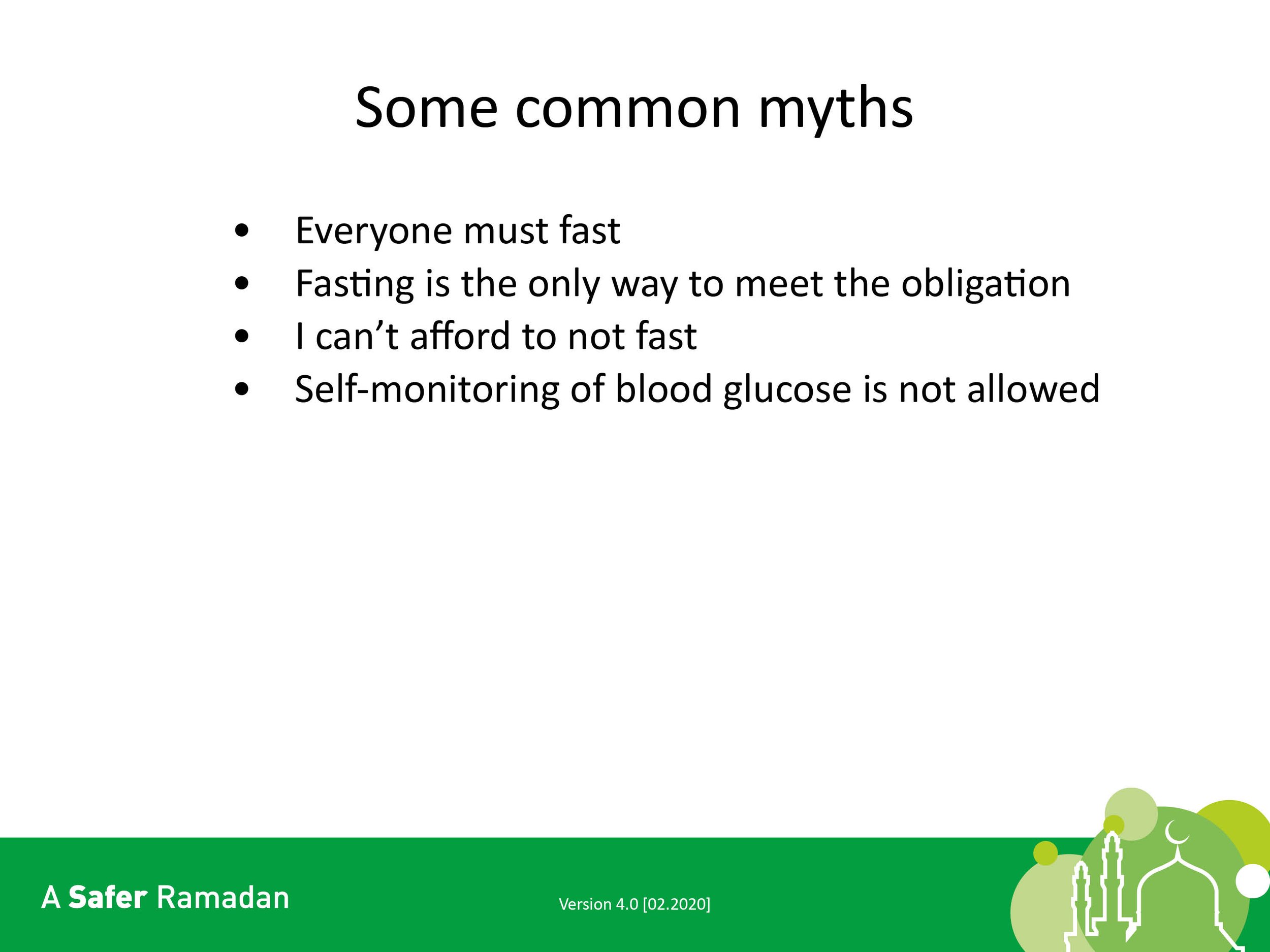 Text image listing myths about Ramadan, including misconceptions that everyone must fast, fasting is the only way to meet obligation, not fasting is unaffordable, and self-monitoring of blood glucose is prohibited. Title: "Some common myths." Bottom