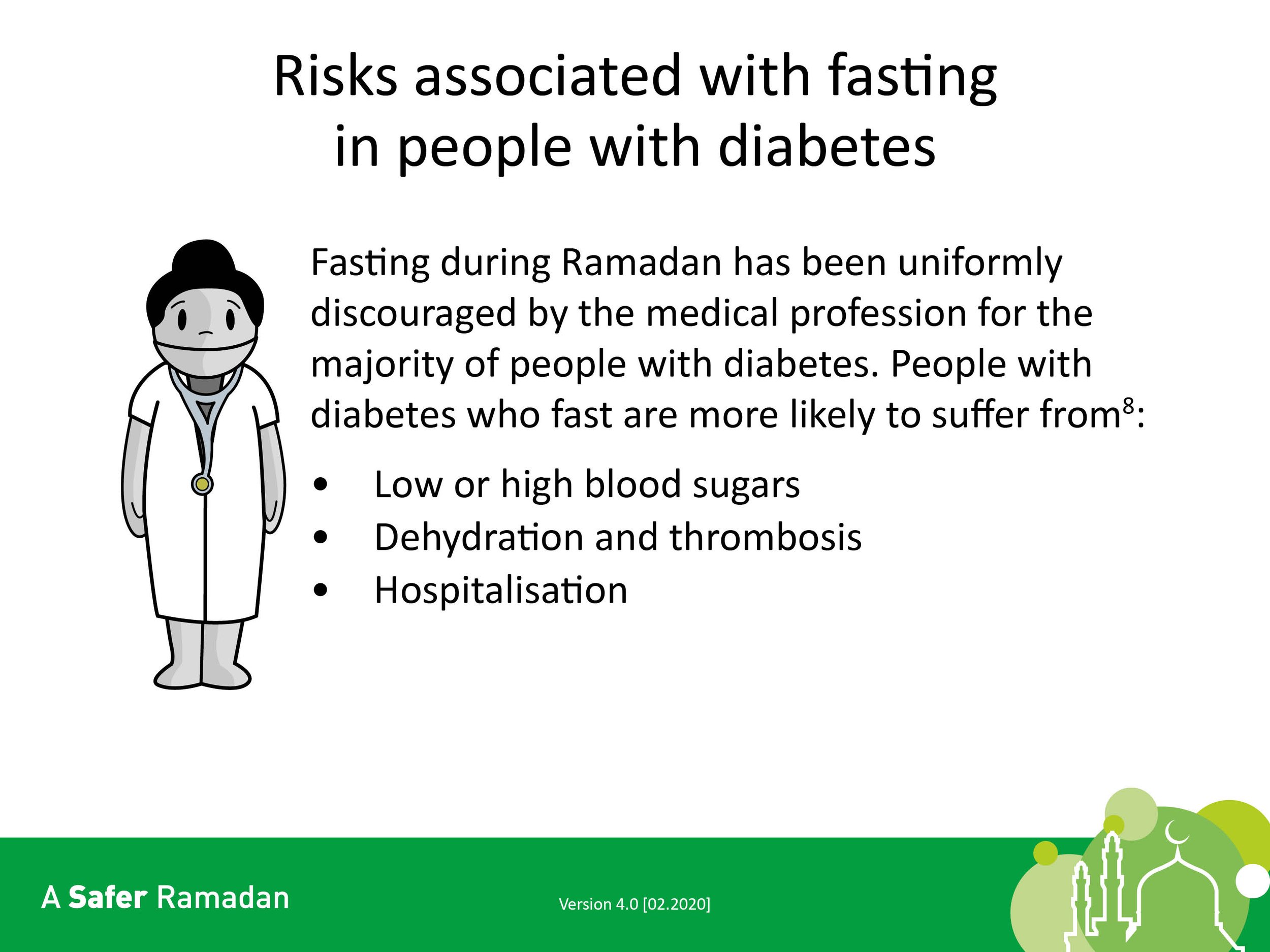 Infographic titled 'Risks associated with fasting in people with diabetes.' It depicts an illustration of a person in a lab coat with a stethoscope. The text warns that fasting during Ramadan is discouraged for most with diabetes, listing risks such