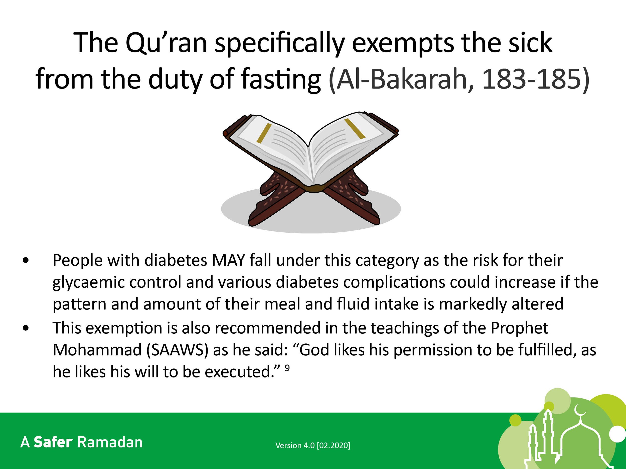 Informational graphic about Ramadan fasting exemptions for the sick, specifically people with diabetes. It includes a Quran illustration and mentions Al-Bakarah verses, emphasizing potential health risks if meal patterns are altered. It also cites Pr