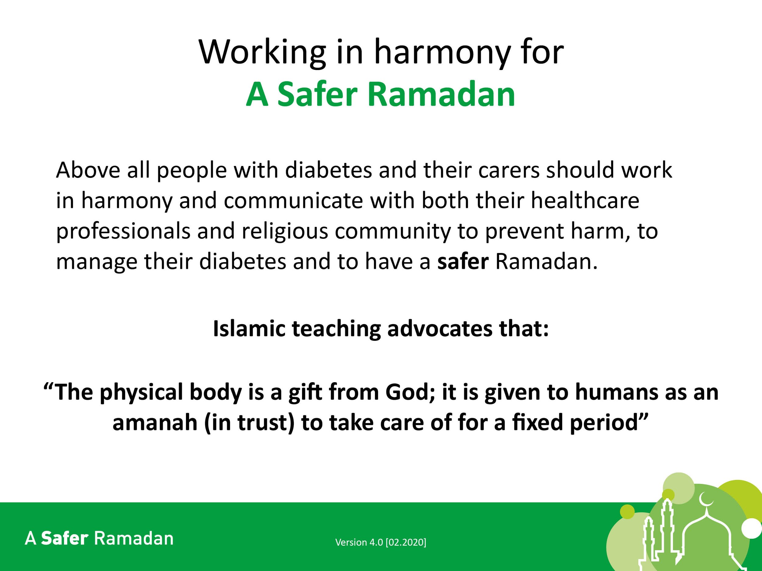 Educational poster titled "Working in harmony for A Safer Ramadan" emphasizes the importance for people with diabetes to work with healthcare professionals and religious communities for a safe Ramadan. It includes an Islamic teaching about the body b