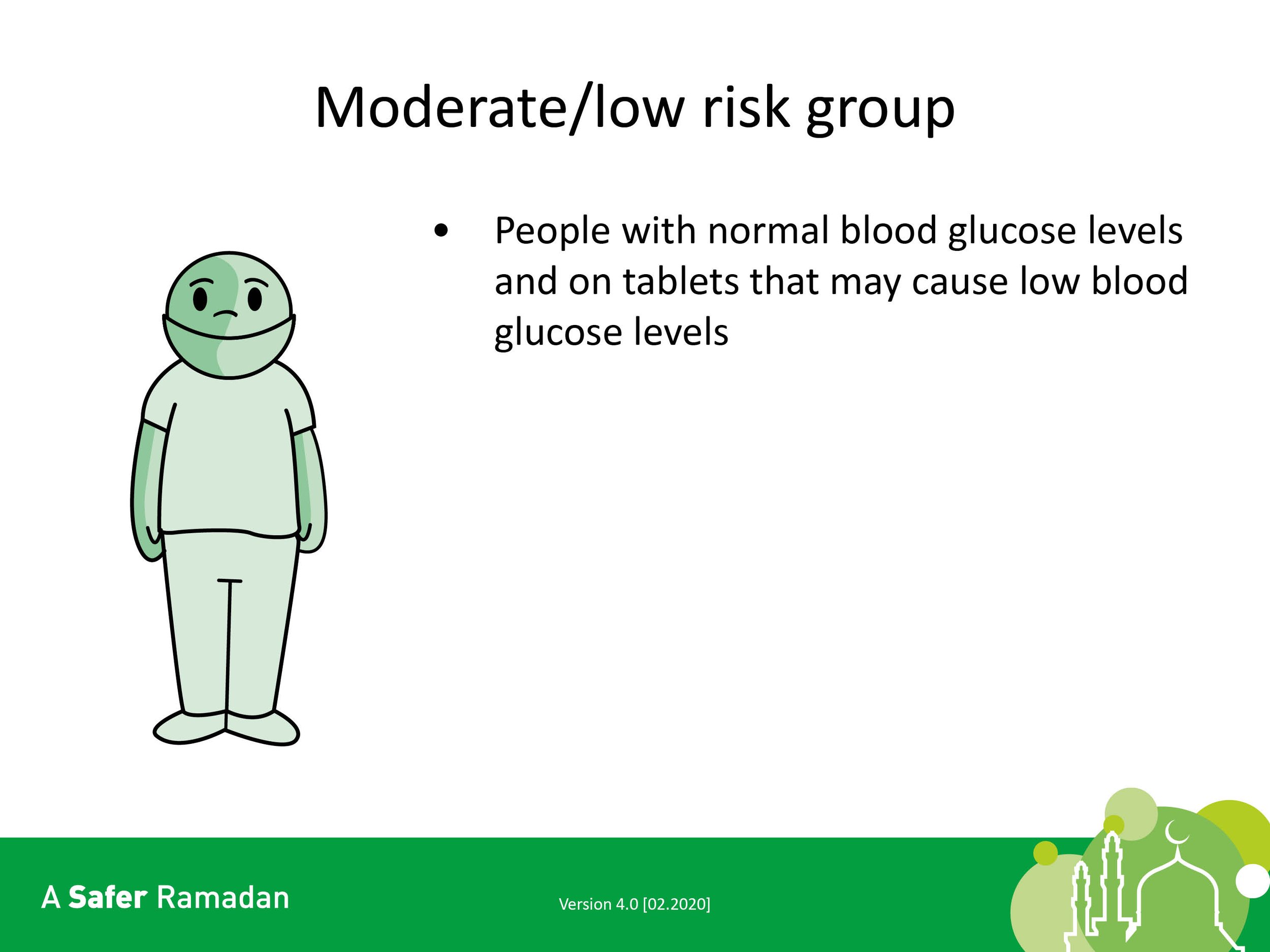 Illustration of a person labeled as 'Moderate/low risk group' for fasting during Ramadan. Text describes people with normal blood glucose levels on medication that may lower glucose. "A Safer Ramadan" logo at bottom.