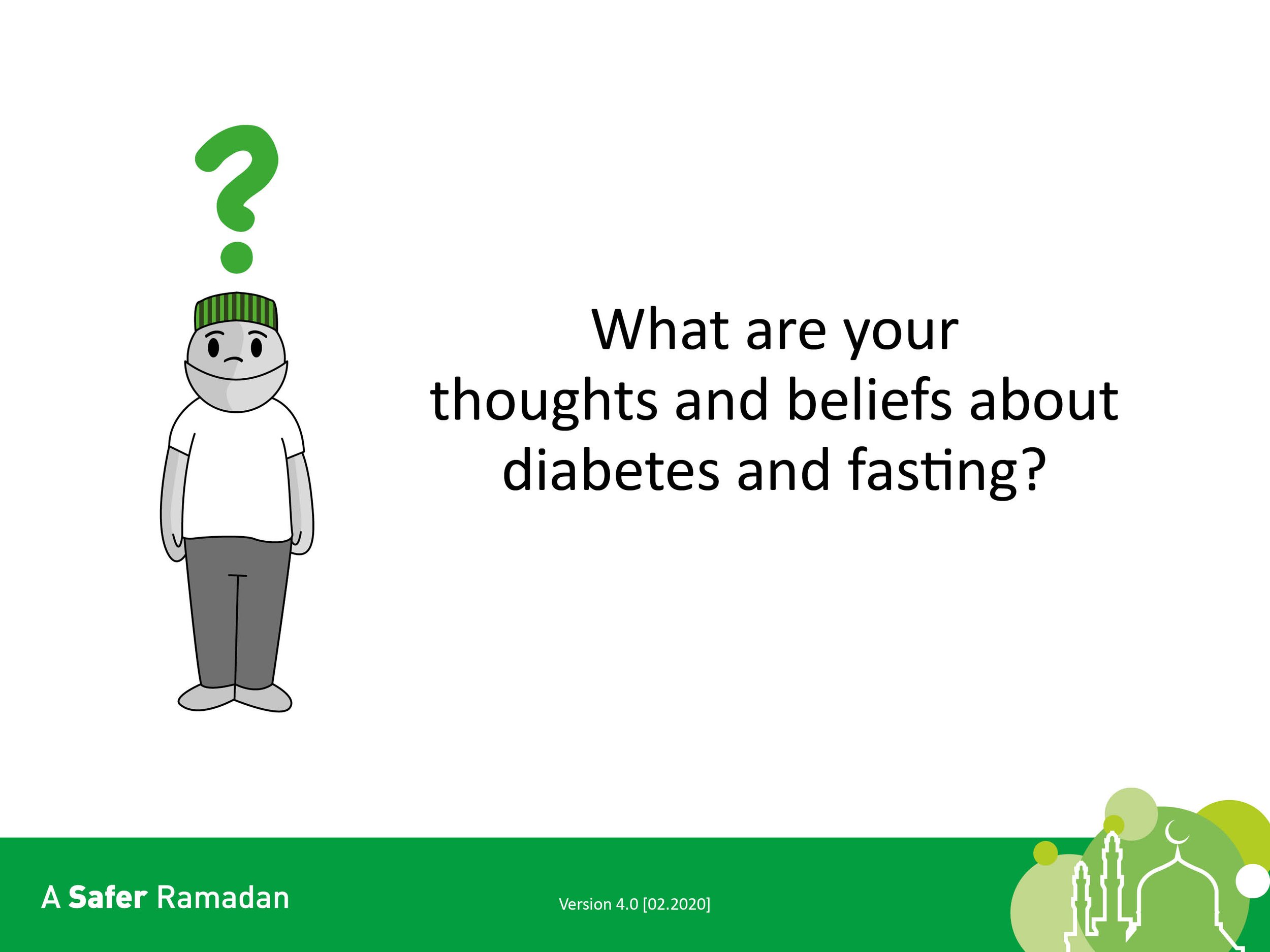 Illustration of a person with a green question mark above their head, wearing a green cap and mask, with text asking about thoughts and beliefs on diabetes and fasting. "A Safer Ramadan" is written below with decorative mosque icons.