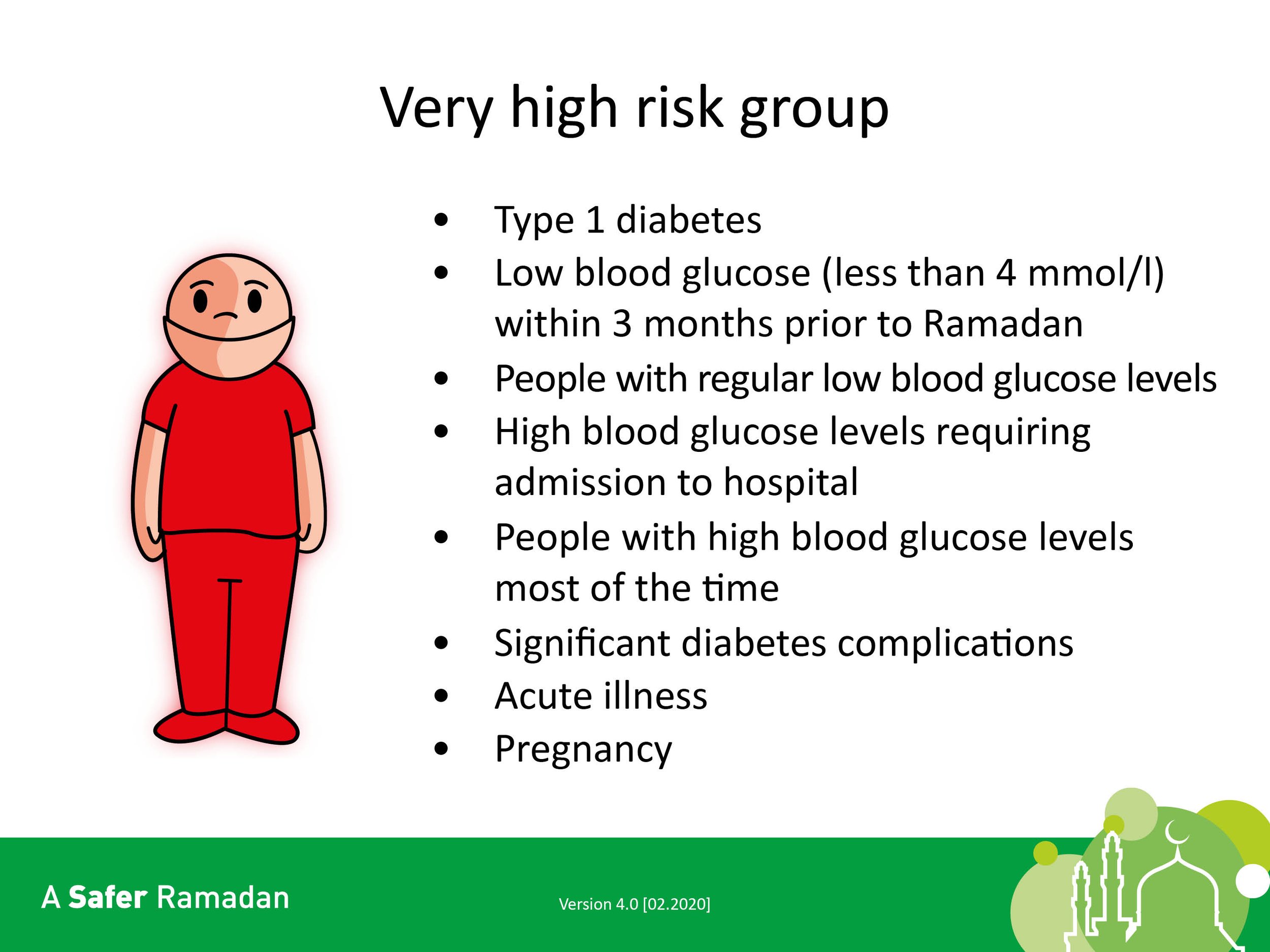 Illustration of a person in red with a list titled 'Very high risk group' detailing risk factors such as Type 1 diabetes, low blood glucose, high blood glucose levels requiring hospital admission, significant diabetes complications, acute illness, an