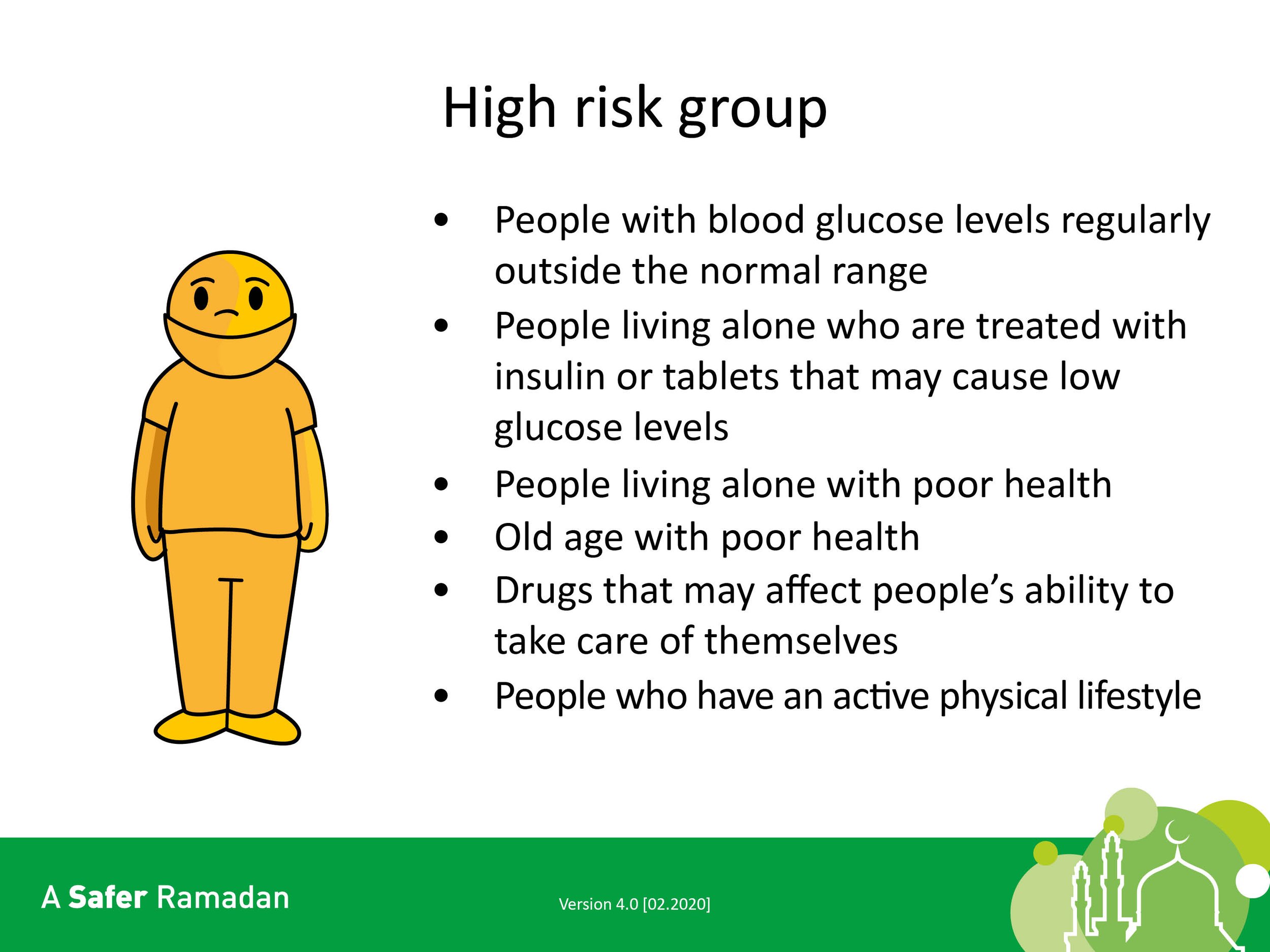 Image showing a list titled "High risk group" with a cartoon figure on the left. The list includes people with abnormal blood glucose levels, those living alone with insulin or health issues, elderly with poor health, individuals using drugs affectin