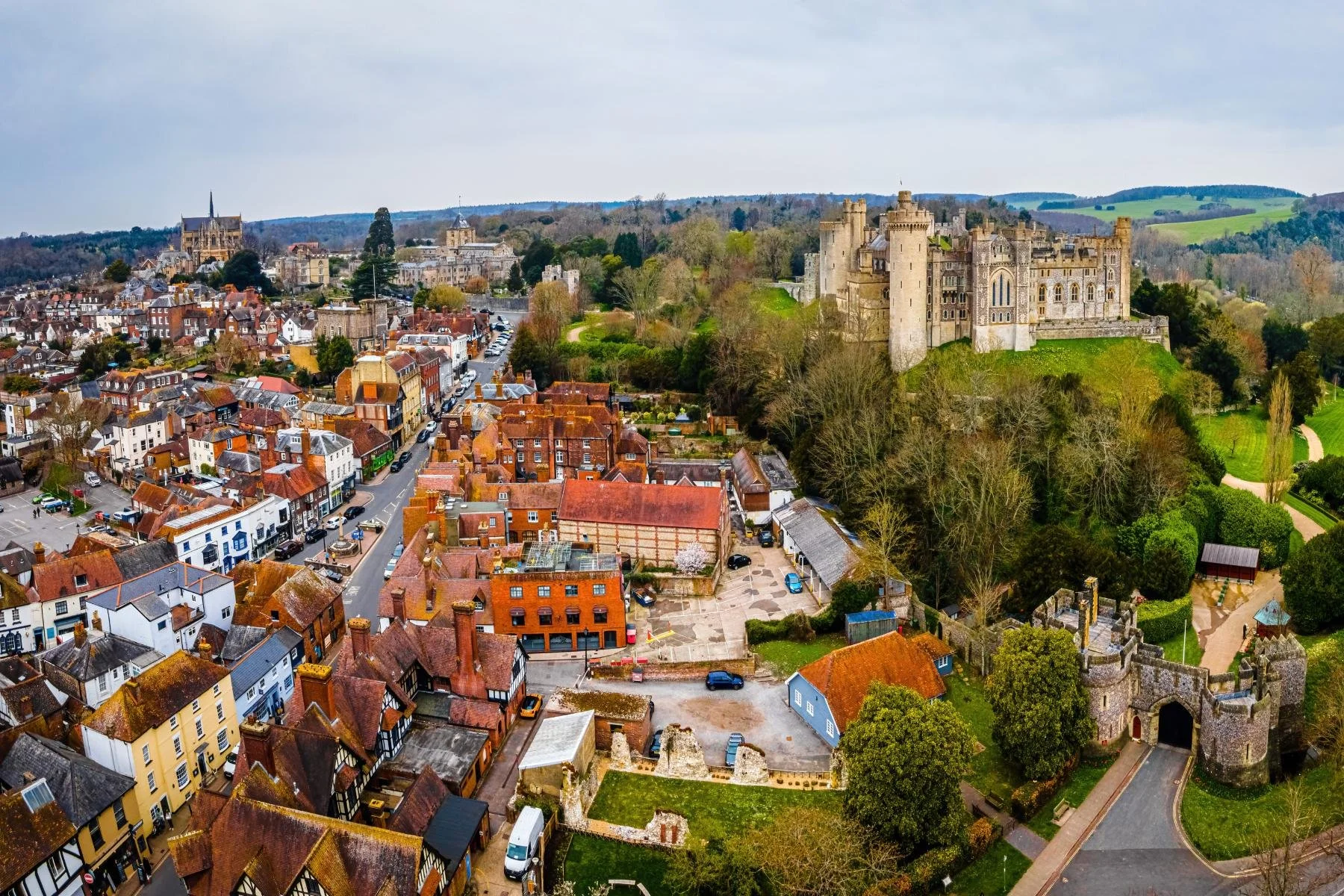 Aerial view of Arundel town and castle