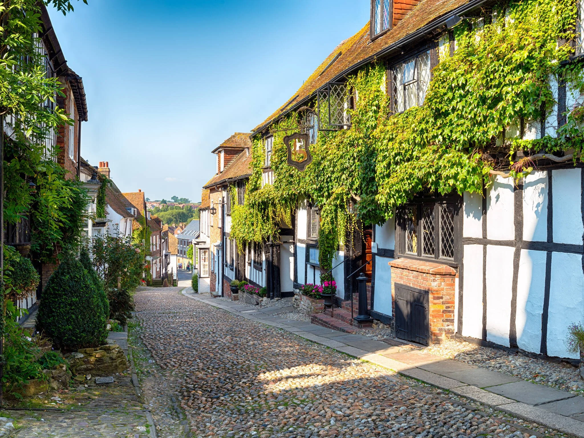Mermaid Street in Rye, a cobbled street lined with historic timber-framed houses