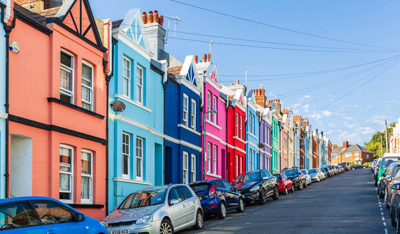 Rows of colourful townhomes in Brighton UK