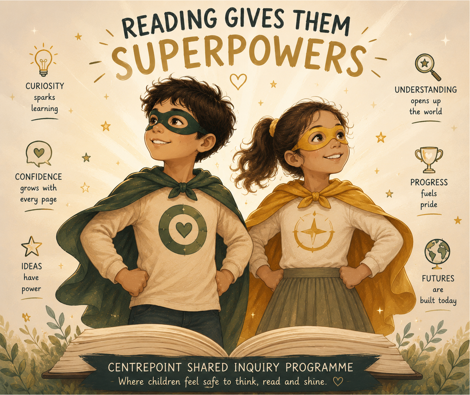 An illustration of a boy and girl dressed as superheroes with capes and masks, standing confidently with hands on their hips. The poster emphasizes the importance of reading for developing confidence, understanding, curiosity, ideas, progress, and future success, related to a shared inquiry programme for children.