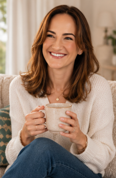A woman with brown hair smiling while holding a mug, sitting on a beige couch in a cozy home setting.