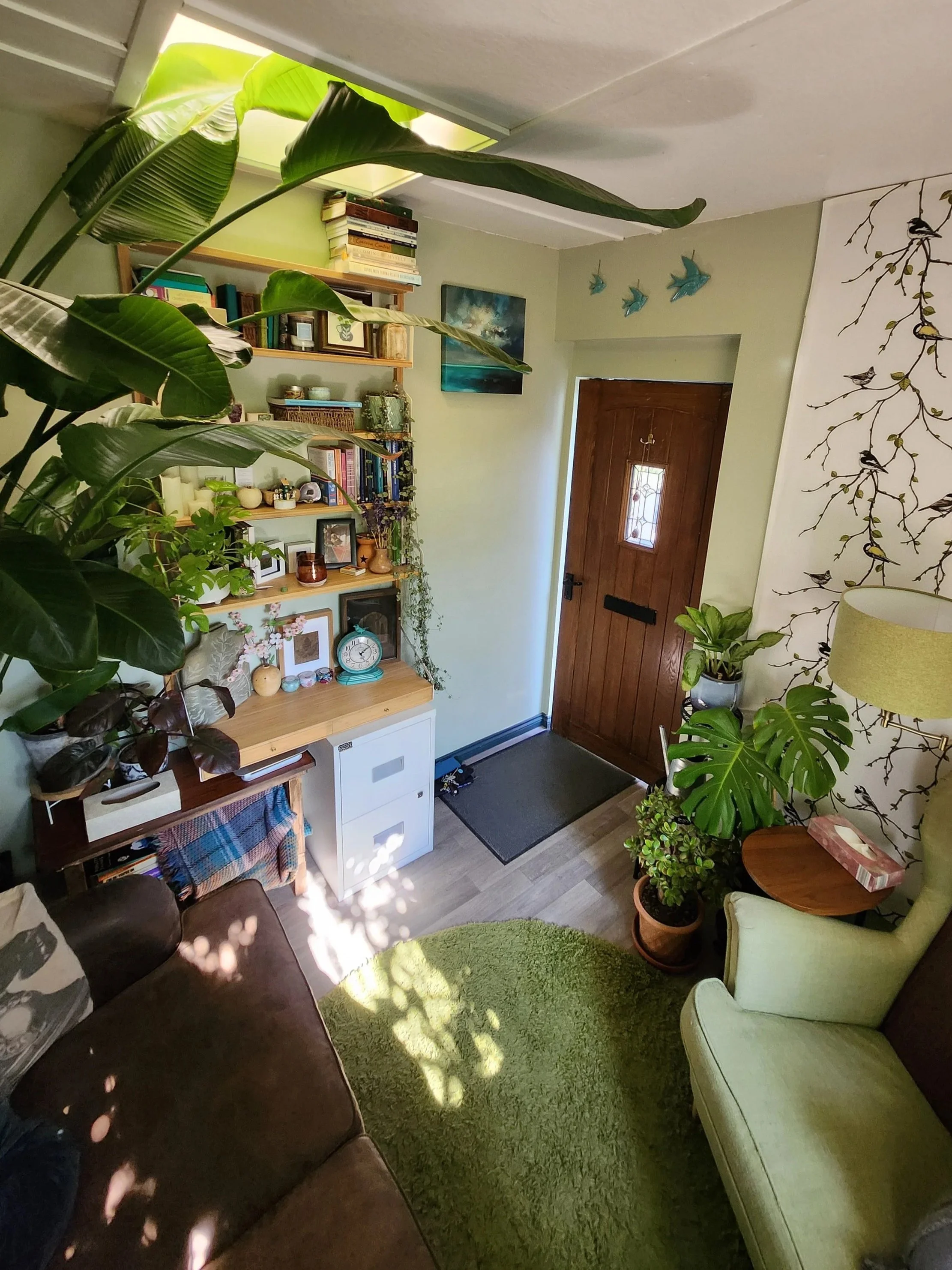 A cozy room entrance with a wooden door, indoor plants, a green rug, a green armchair, and a brown sofa. There are decorative bird and branch wall art on one wall, a wooden bookshelf with books and decor, and sunlight filtering through the plants.