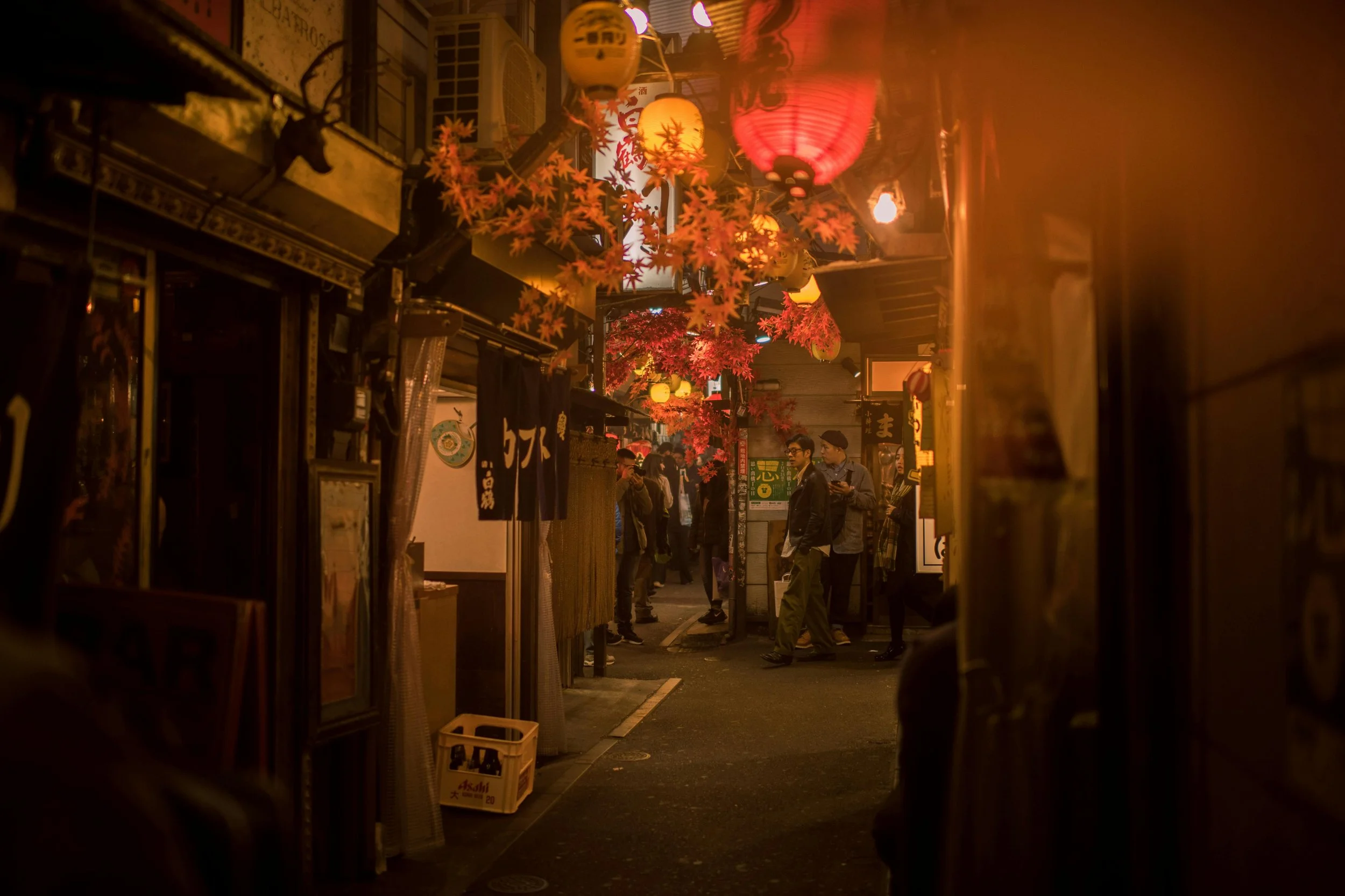Night scene of a crowded street decorated with red and yellow paper lanterns and artificial fall leaves, with several people walking and standing around.
