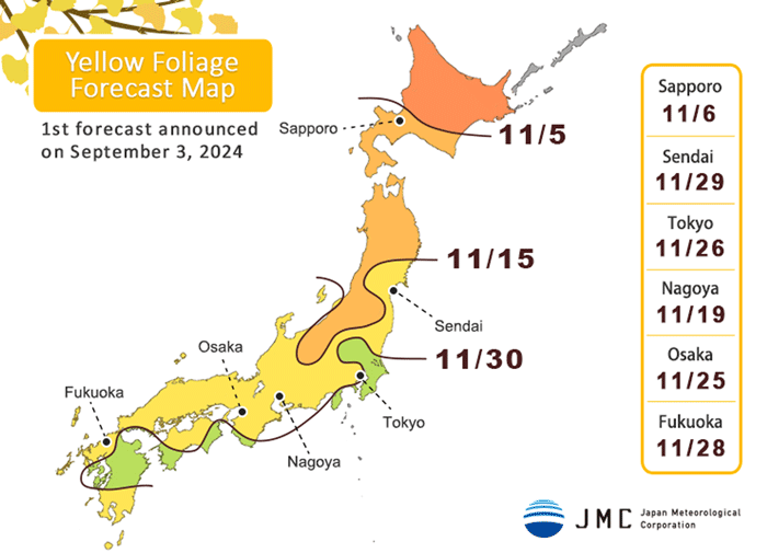 Japan's yellow foliage foracast map