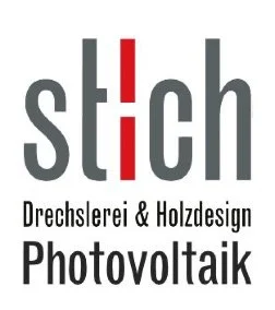 Logo für eine Firma namens 'stich', spezialisiert auf Drechslerei, Holzdesign und Photovoltaik.