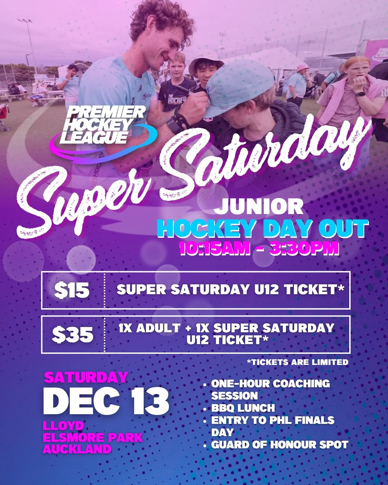 The Premier Hockey League finals weekend is fast approaching! 

Saturday 13 December marks our gold medal match day and Super Saturday with a chance for your kids to be a part of it all 👏🏻

We&rsquo;re teaming up with Auckland Hockey to host a Juni