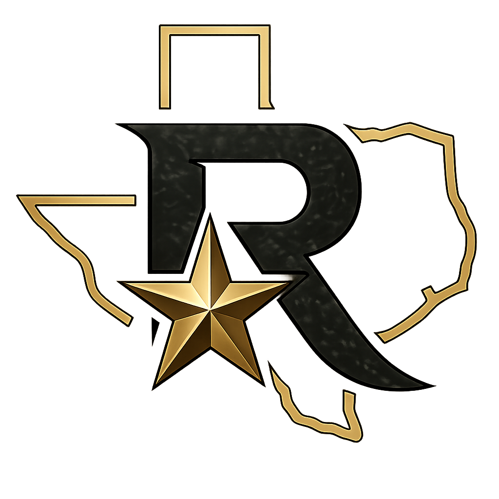 A logo with a large black letter R, a gold star beneath it, and an outline of the state of Texas and a country map around the R and star, all illuminated with a gold glow.