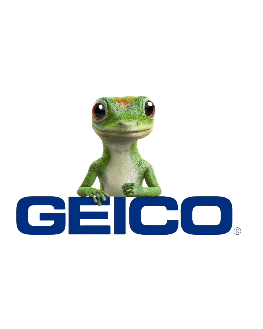 A cartoon gecko baby character with big eyes leaning on the blue Geico logo.