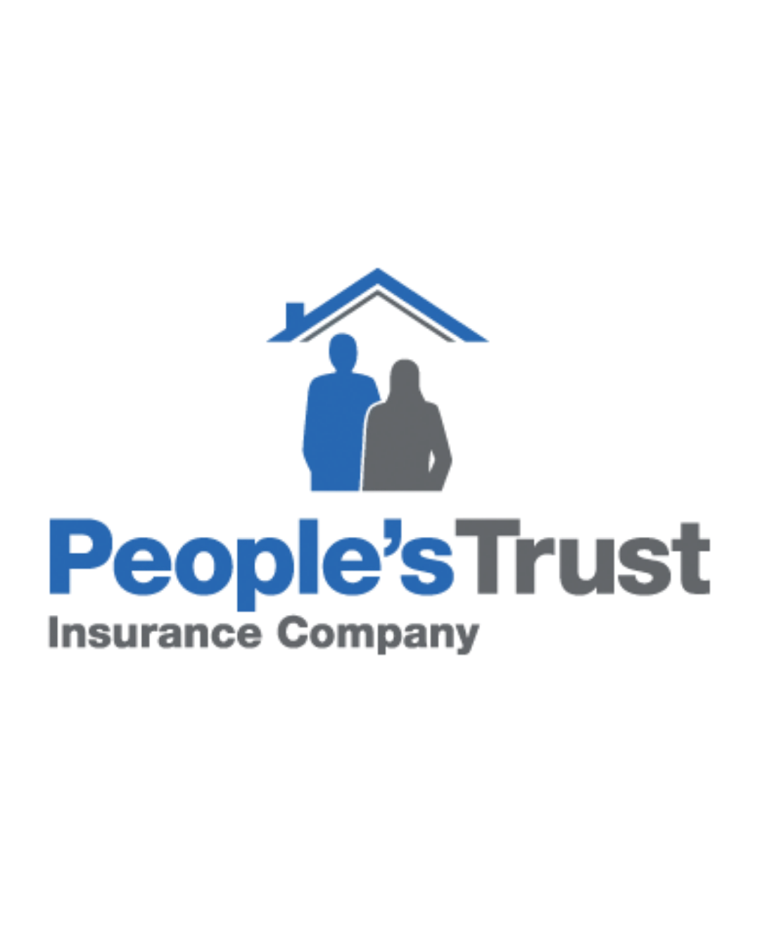 Logo for People's Trust Insurance Company. Features a blue and gray silhouette of a man and woman under a stylized house roof, with the company name in blue and gray text.