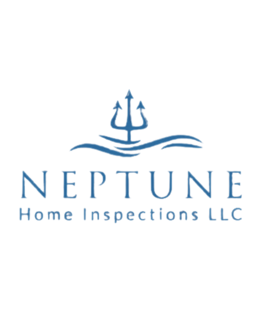 Logo for Neptune Home Inspections LLC featuring a blue trident above stylized waves and text.