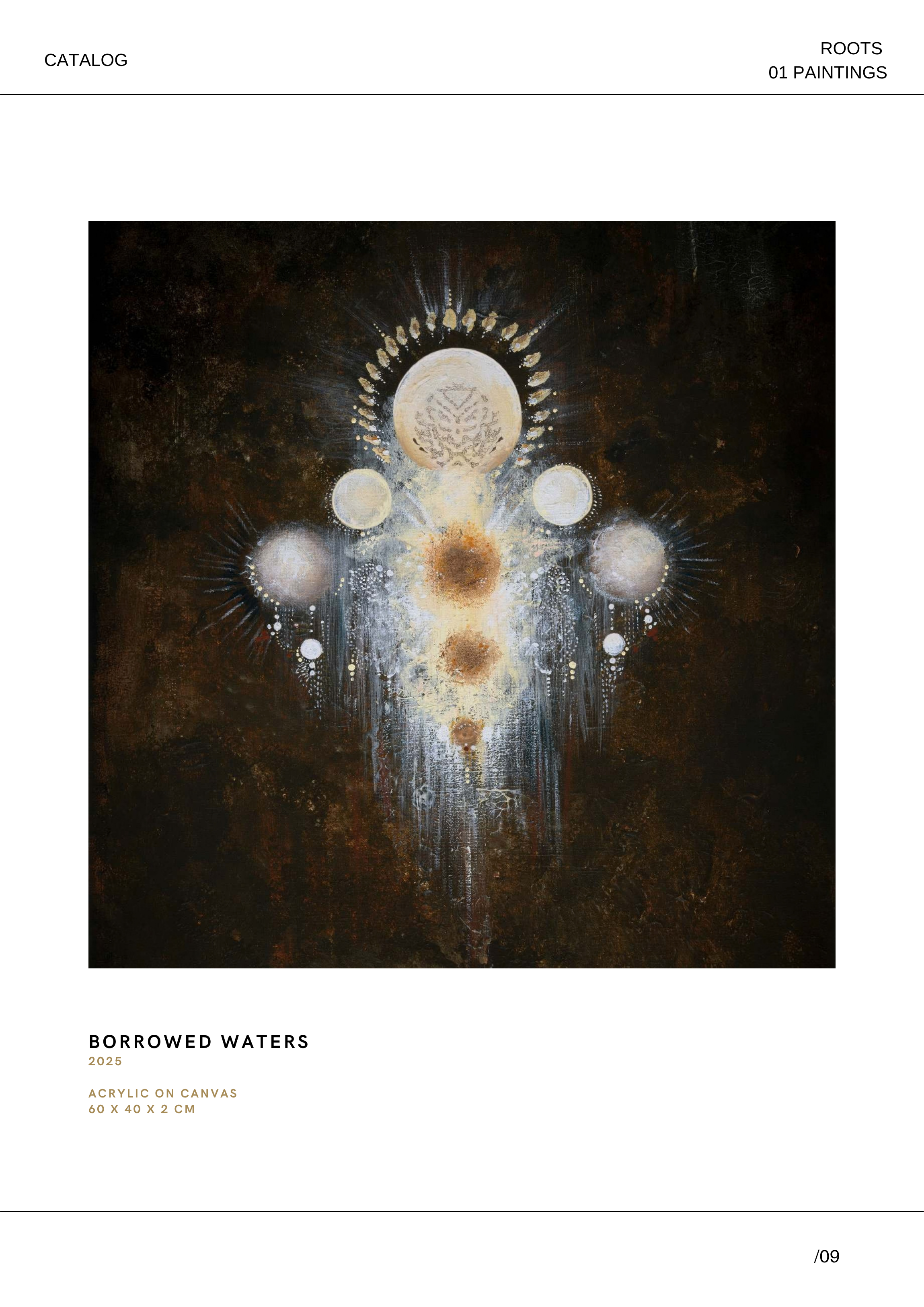 Kunstwerk mit abstrakten, leuchtenden, runden Formen und Mustern auf dunklem Hintergrund, Titel „Borrowed Waters“ von 2025, Acryl auf Leinwand, Maße 60x40x2 cm.