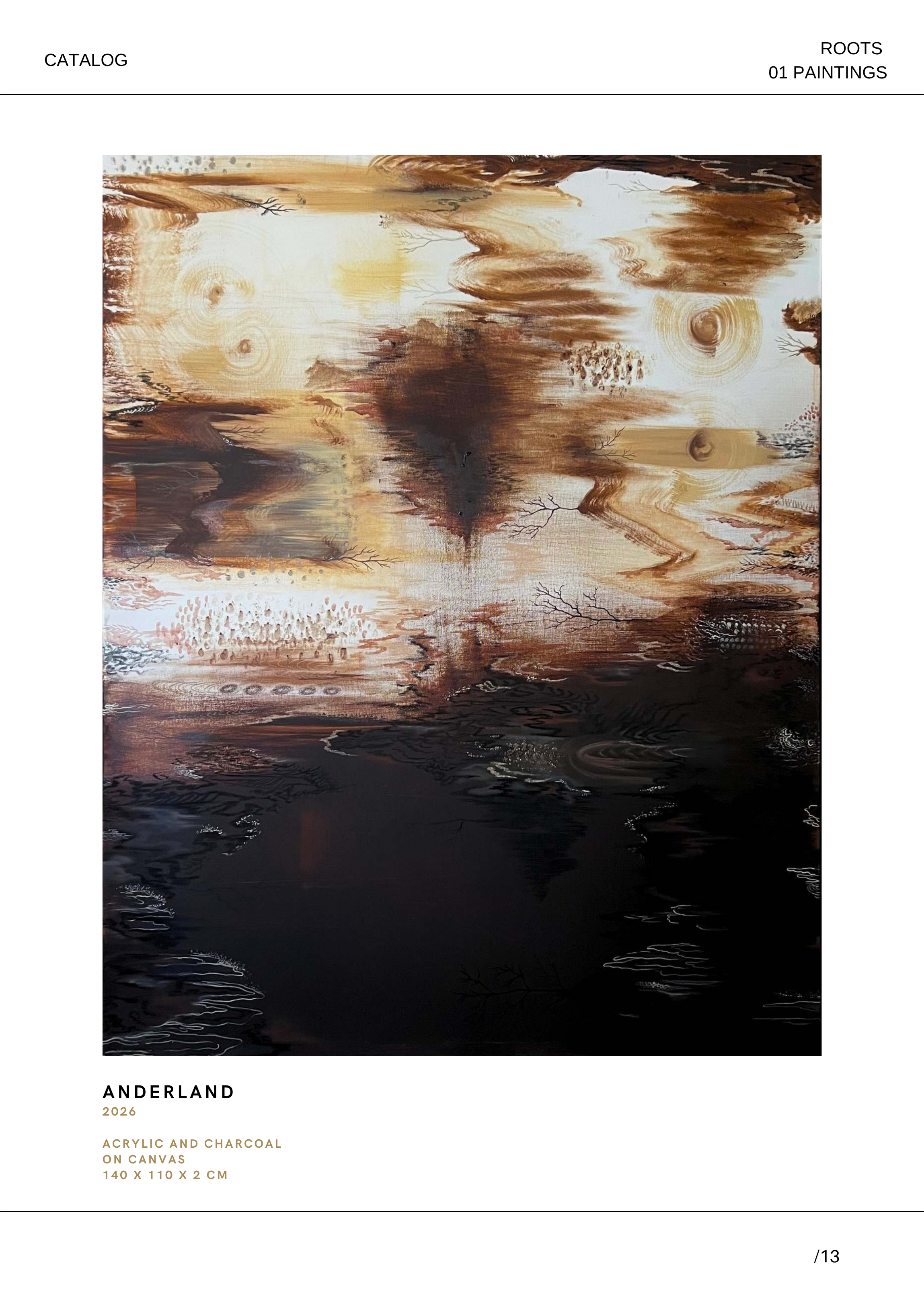 Das Bild zeigt eine abstrakte Ölgemälde mit einer Mischung aus warmen Erdtönen, Braun, Beige und Schwarz, das Wasser, Bäume und Himmel in einem stilisierten Landschaftsbild darstellt.