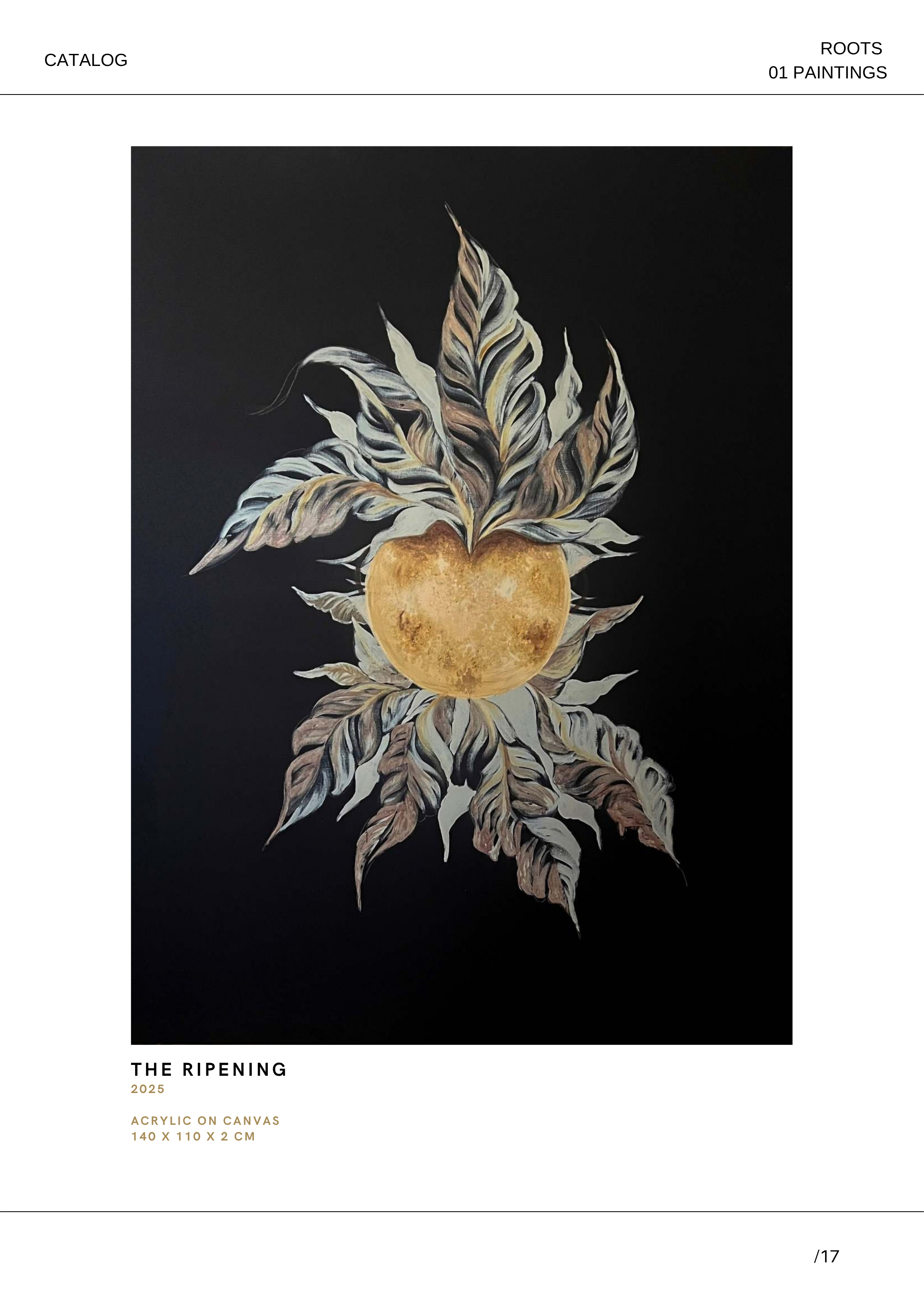Ein Kunstwerk zeigt eine Frucht, die wie ein Apfel aussieht, aber mit blau-weißen und braunen Blättern, die aus der Frucht herauswachsen, auf schwarzem Hintergrund.