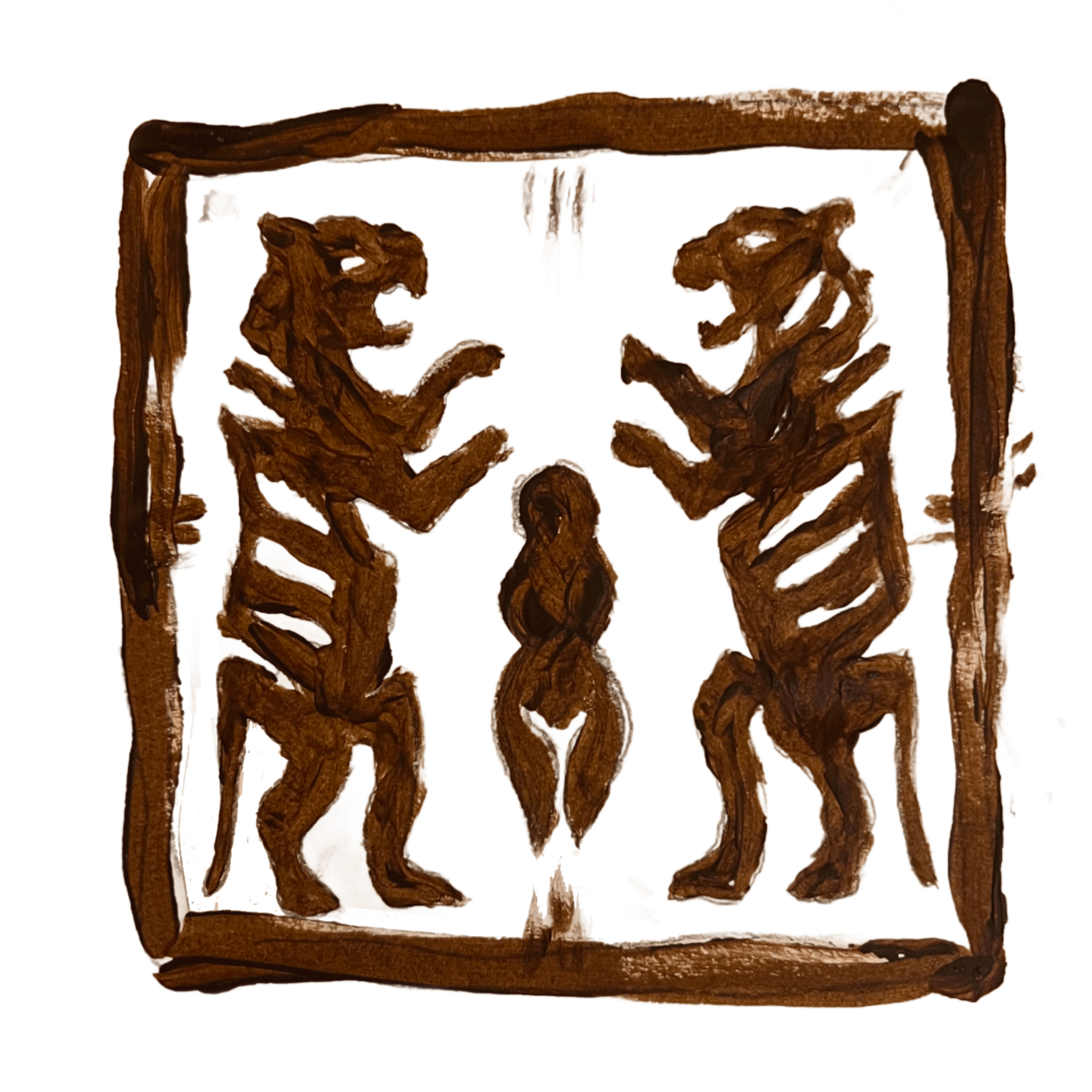 Skelett eines Tieres, vermutlich eines großen Raubtieres, im Rahmen eines Holzrahmens.