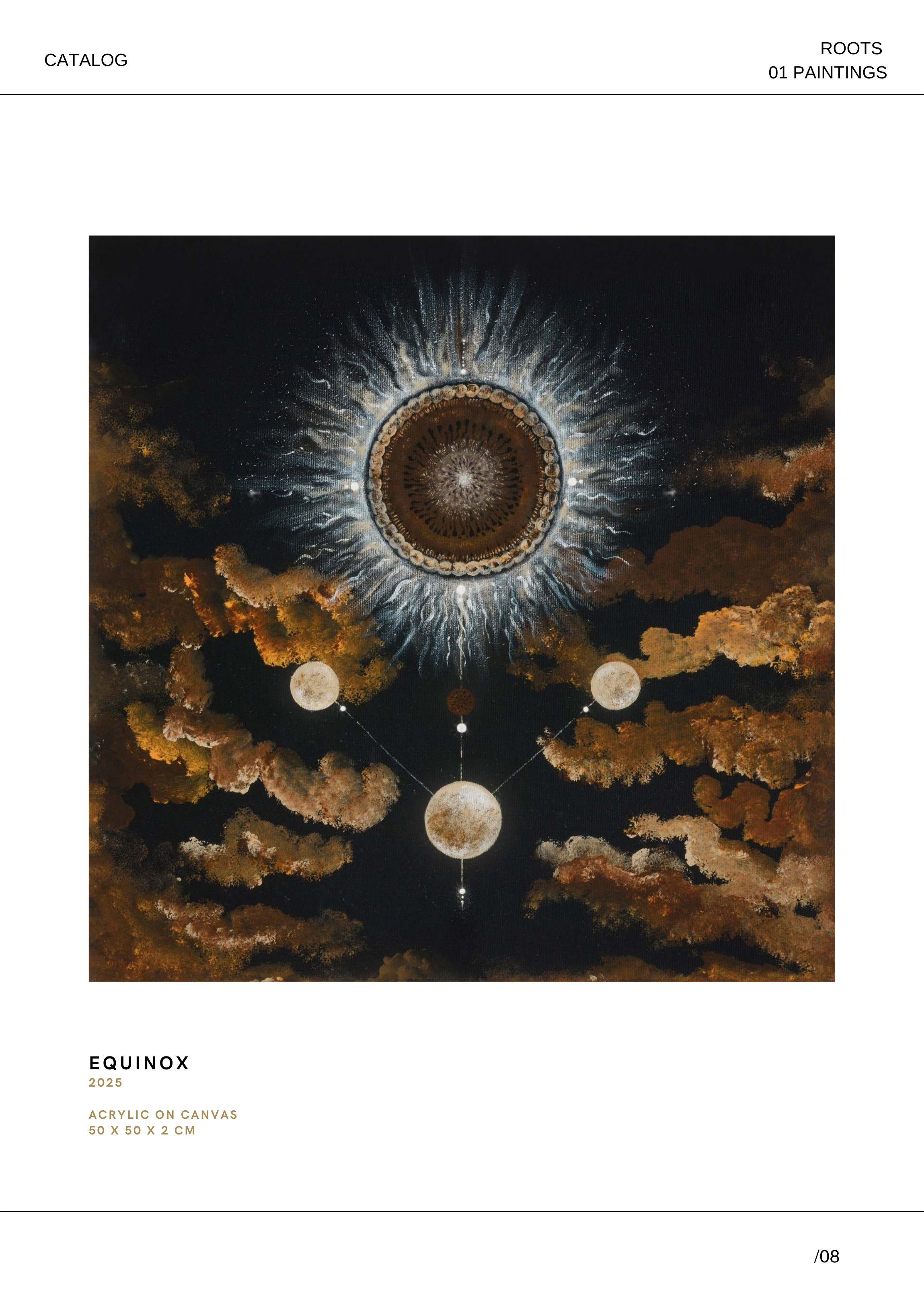 Ein Kunstwerk mit einem abstrakten, mandalaähnlichen Design, das von dunklen, wolkenartigen Formen und weißen, strahlenförmigen Linien umgeben ist. Im unteren Bereich sind mehrere große, helle, mondähnliche Kugeln auf einer dunklen, komplexen Hinterg
