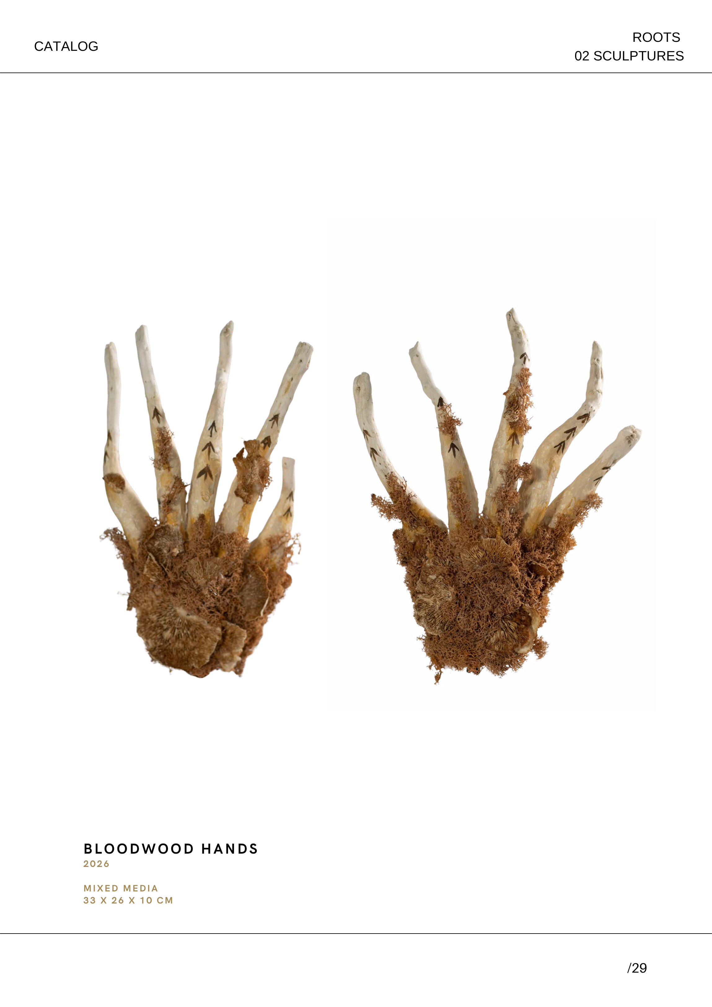 Zwei pflanzliche Skulpturen mit weißen Ästen und braunem Moos, die wie Hände geformt sind, auf einem weißen Hintergrund. Dazu Text in englischer Sprache mit Informationen zu einer Kunstausstellung namens 'Bloodwood Hands'.