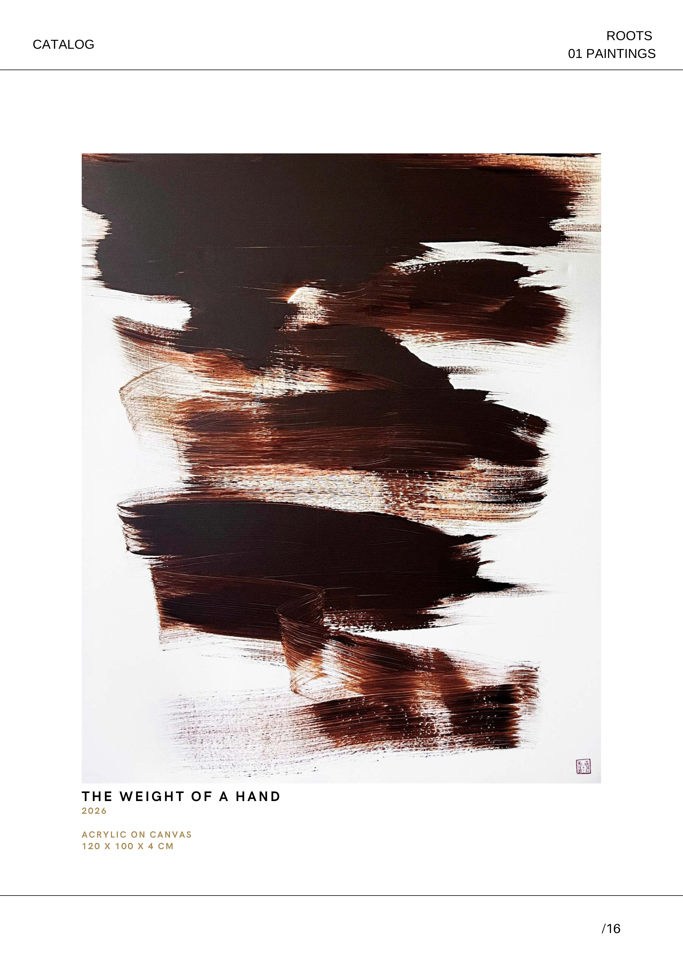 Abstraktes Gemälde mit dicken, schwarzen Pinselstrichen auf weißem Hintergrund, Titel: 'The Weight of a Hand', Jahr: 2026, Maße: 120 x 100 x 4 cm, Acryl auf Leinwand.