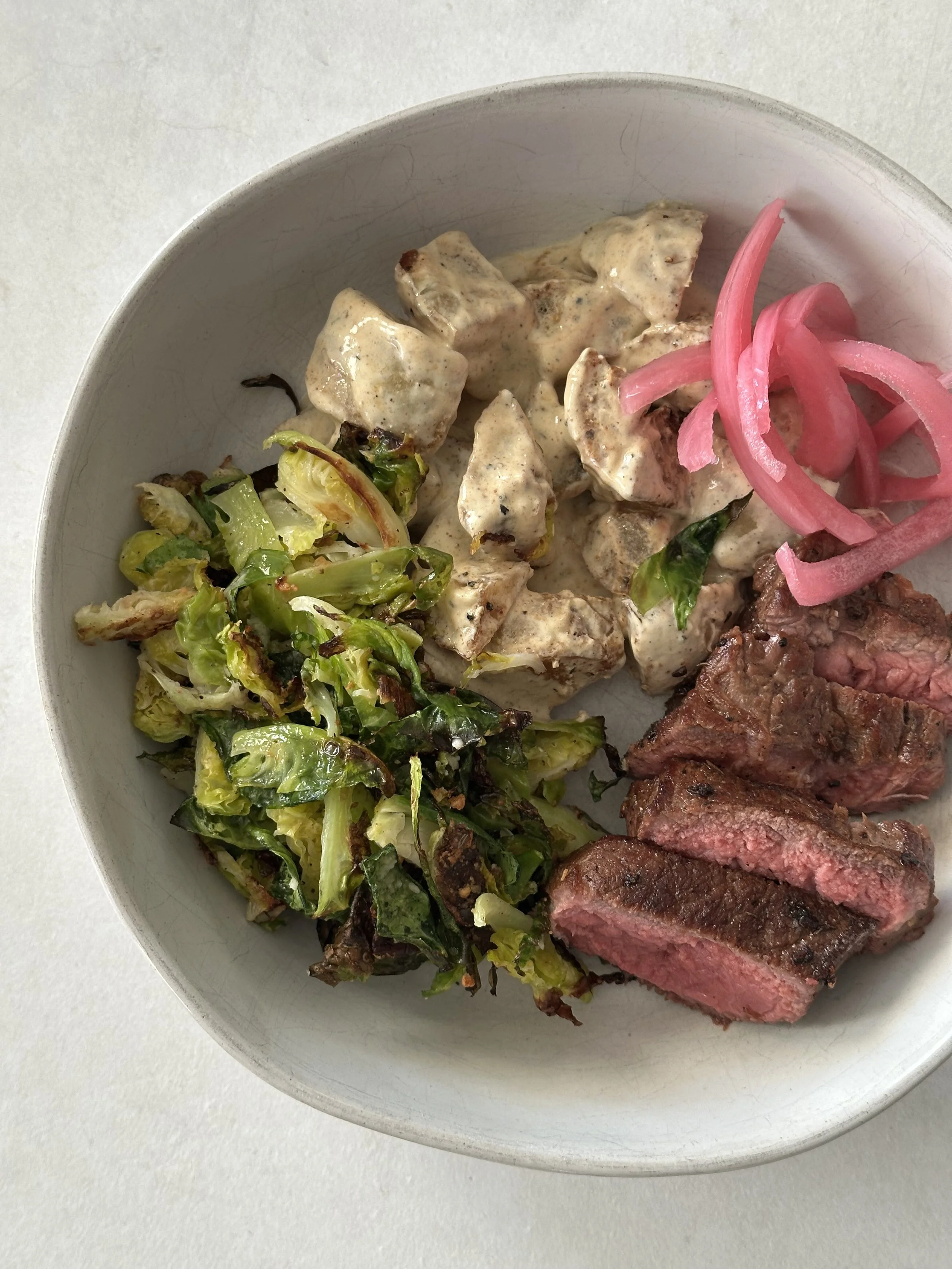 Steak, Roasted Potato Salad + Crispy Shaved Brussels