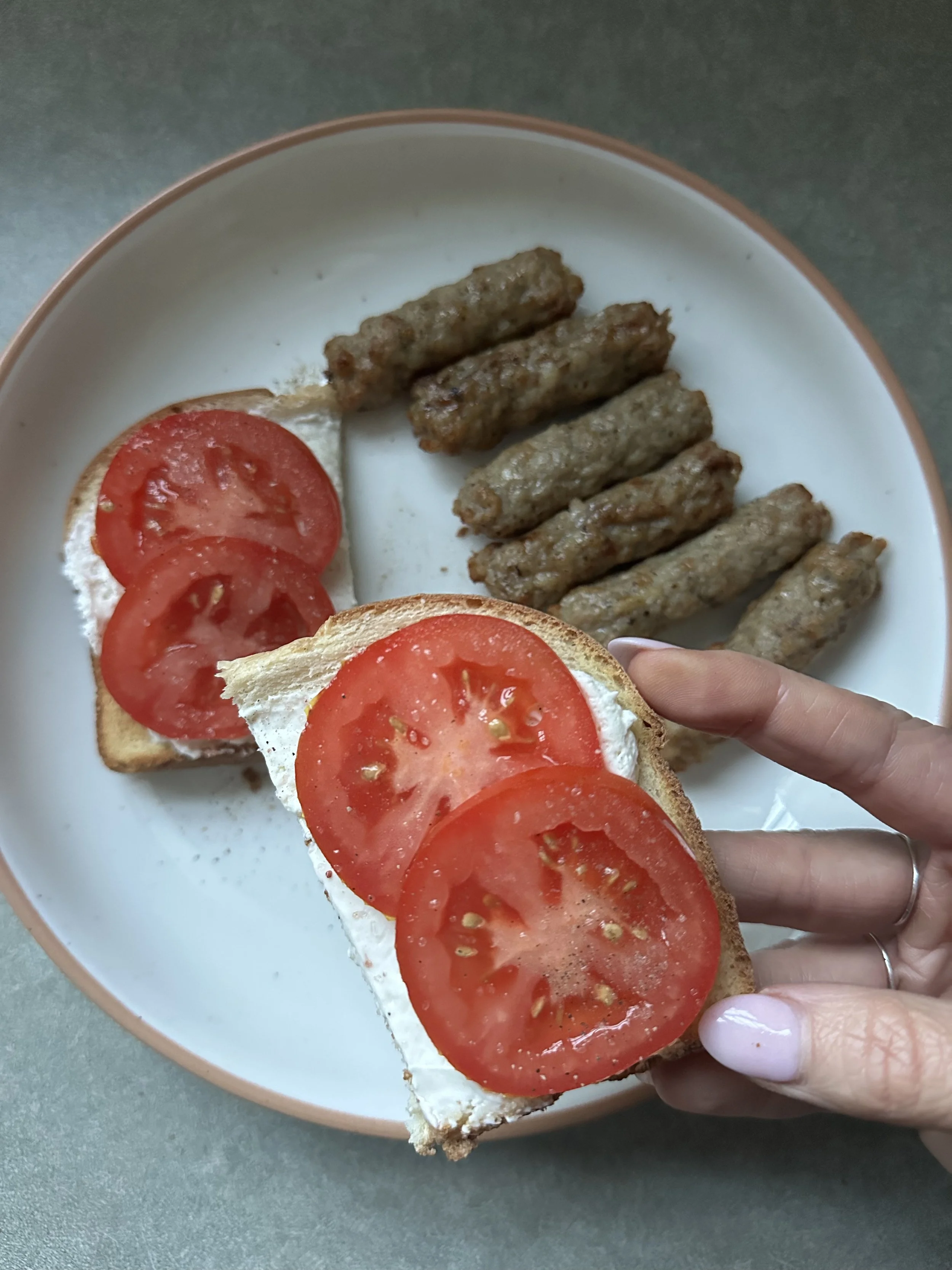 Tomato Cream Cheese Toast + Sausage