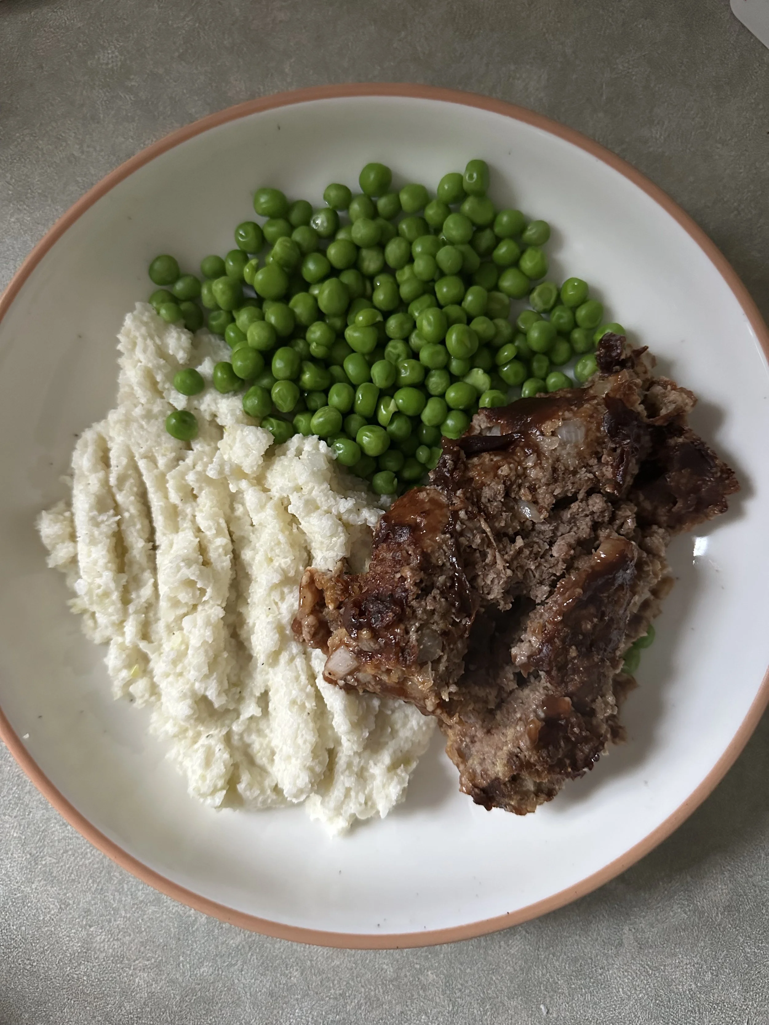 BBQ Meatloaf, Cauli Mash, and Peas