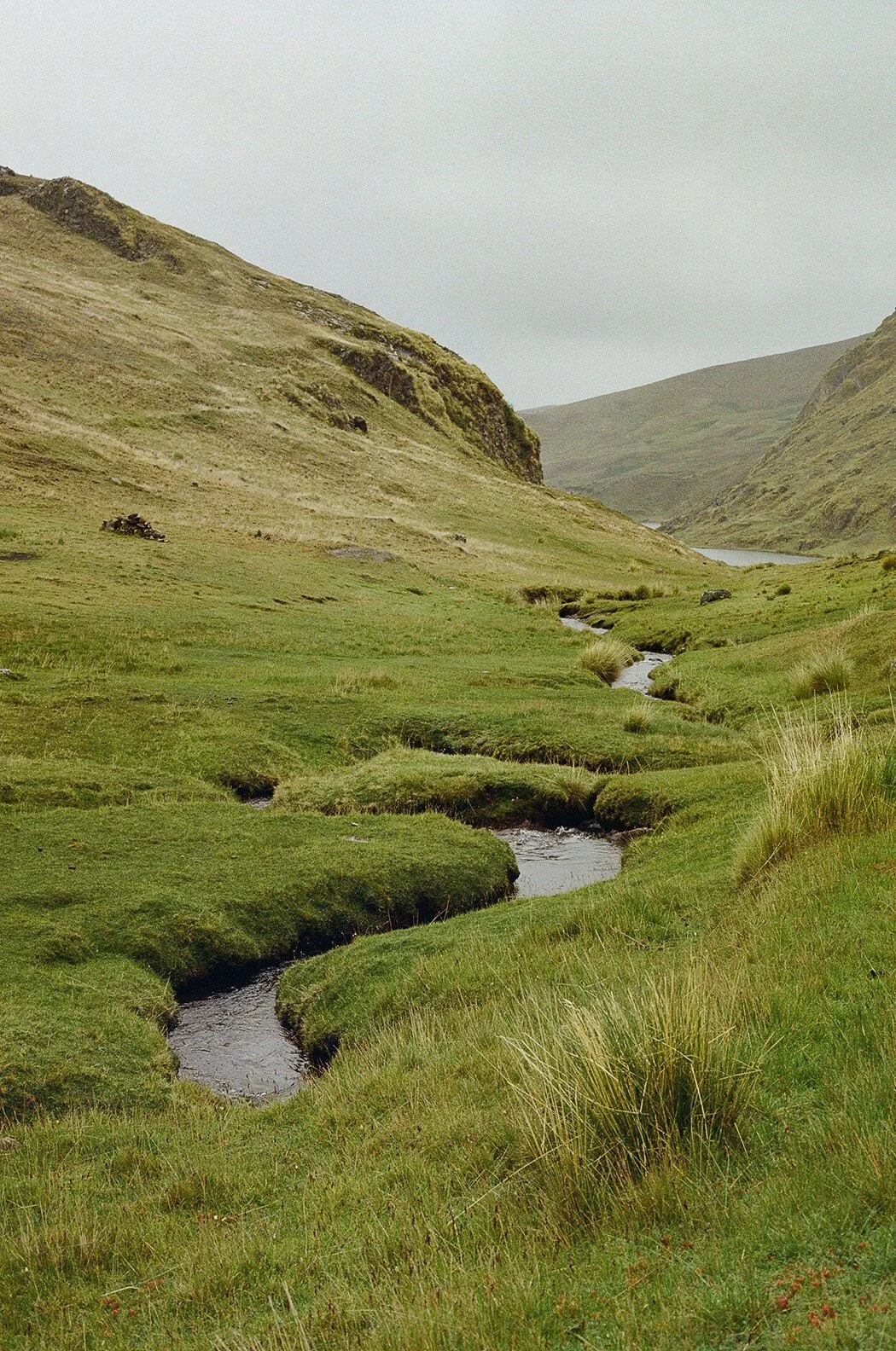 Winding river between grass banks and mountains in Peru