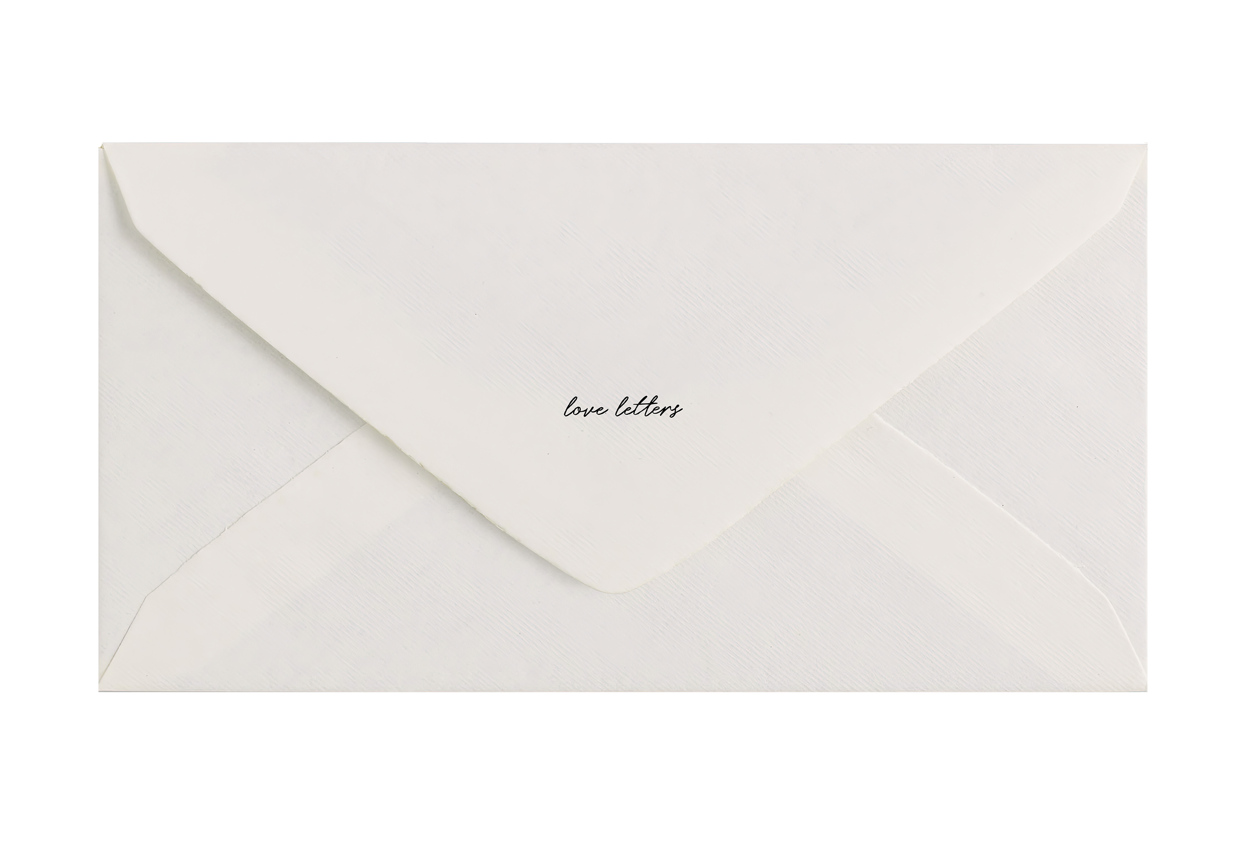 White envelope with the words 'love letters' written on it, placed on a white textured background.