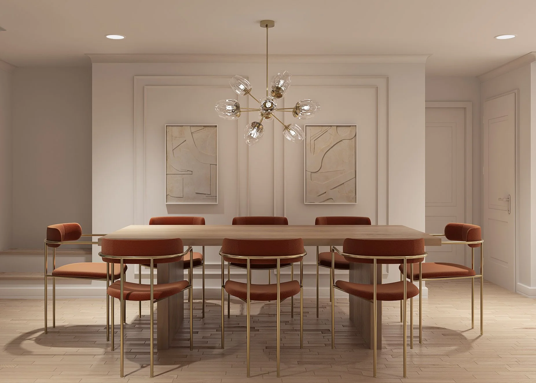Modern dining room with a large wooden table, eight rust-colored upholstered chairs, beige walls, two abstract art pieces, and a contemporary chandelier.
