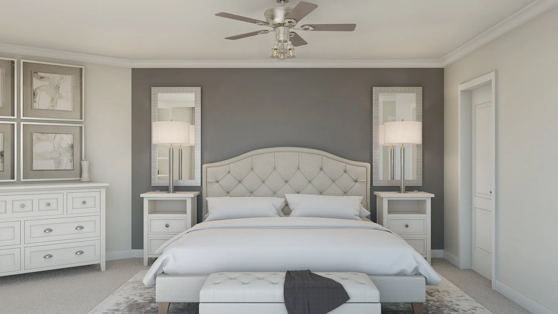 A modern bedroom with a white upholstered bed, gray accent wall, two nightstands with lamps, and a gray and white color scheme.