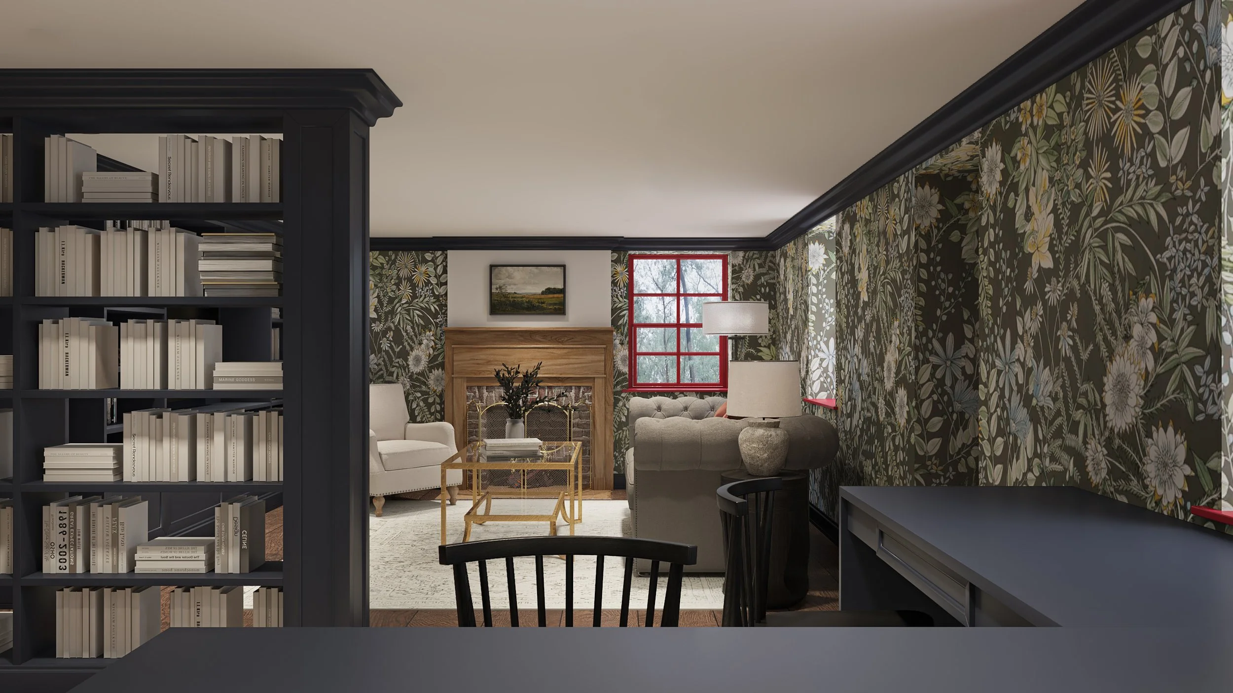 Cottage style living room with floral wallpaper, gray sofa, white armchair, fireplace, window with red frame, lamp, glass coffee table, dark blue bespoke bookshelf, and decorative items.