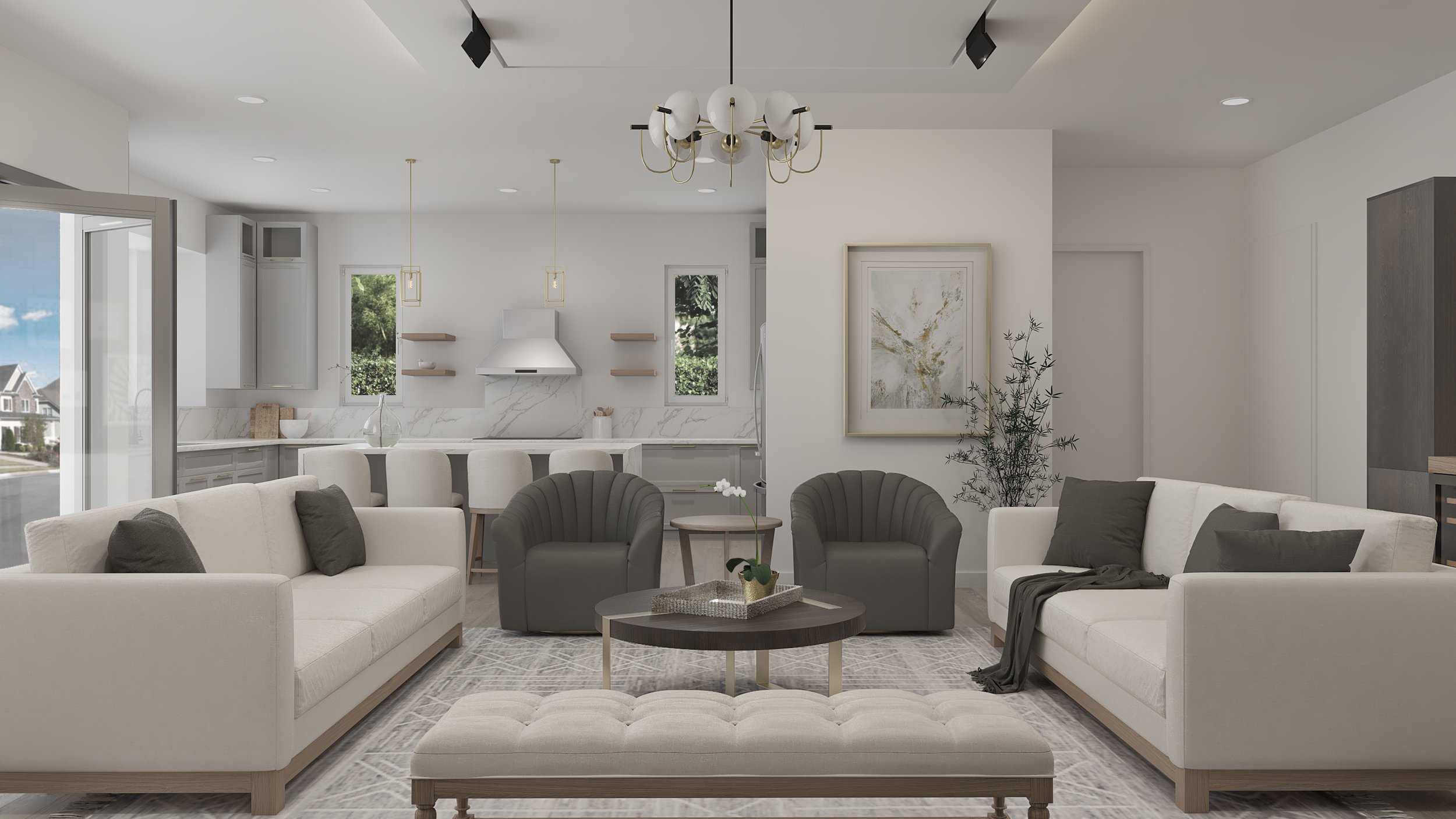 Modern living room with white sofas, gray armchairs, a round coffee table, and a kitchen in the background with marble countertops and a range hood.