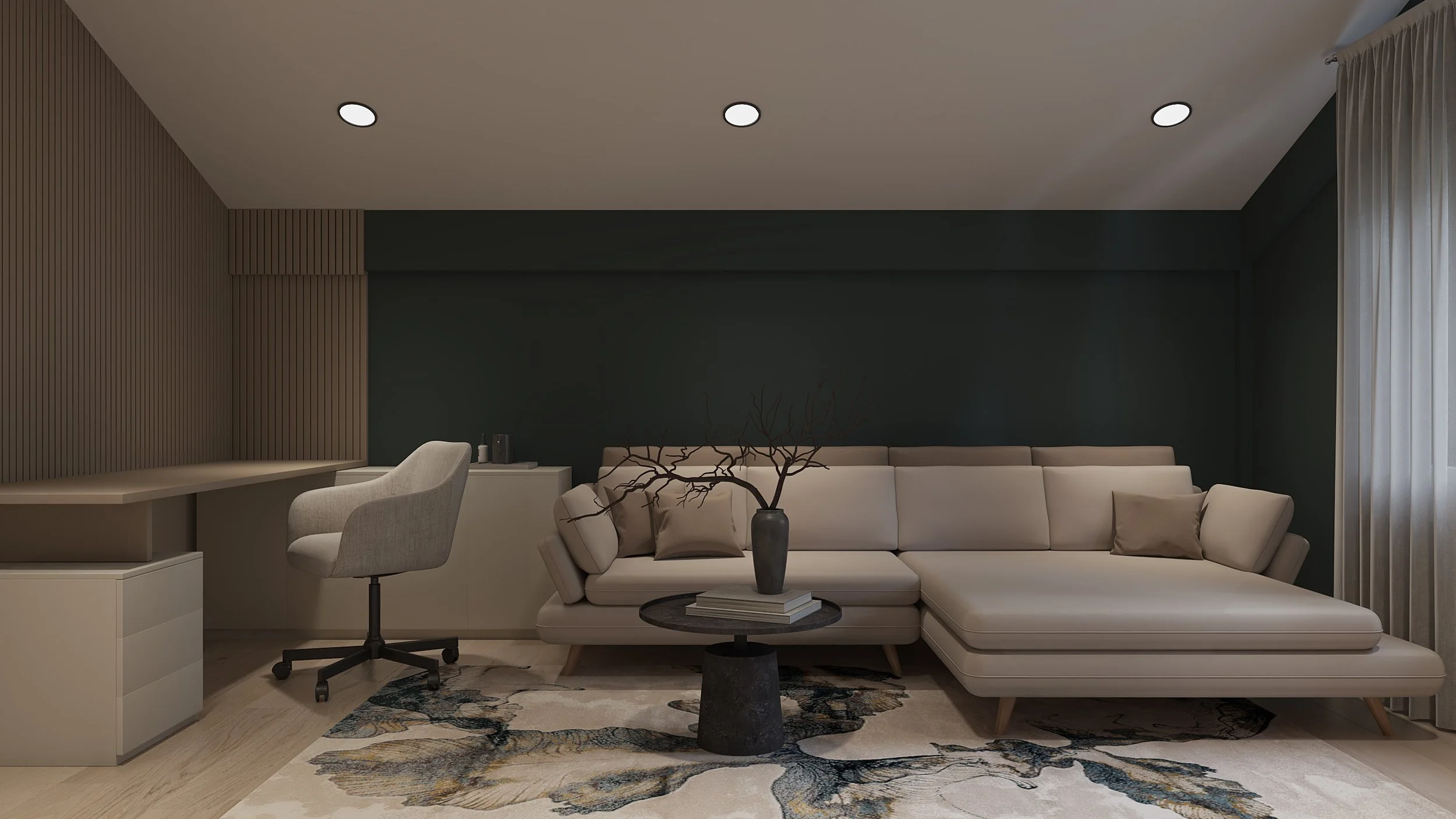 Living room with a neutral sectional sofa, a round black metal coffee table with a vase and branches, a white office chair, and a textured wall with fluted wooden panels. There is a rug with an organic pattern and window curtains on the right side.  