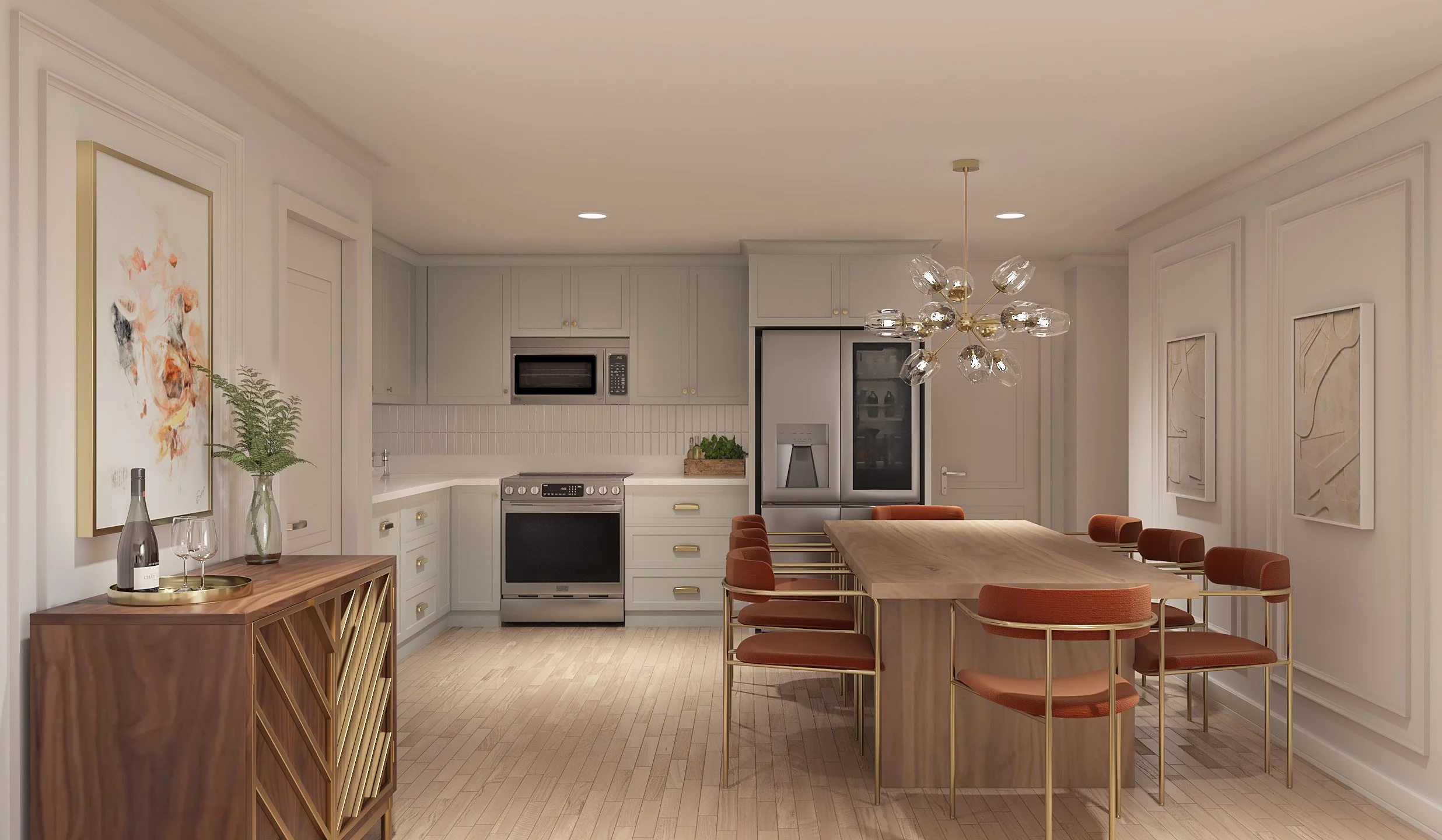 Open-concept kitchen and dining area with a large wooden table, deep red-colored chairs, modern stainless steel appliances, a chandelier, and artwork on the walls. Vintage drinks cabinet.