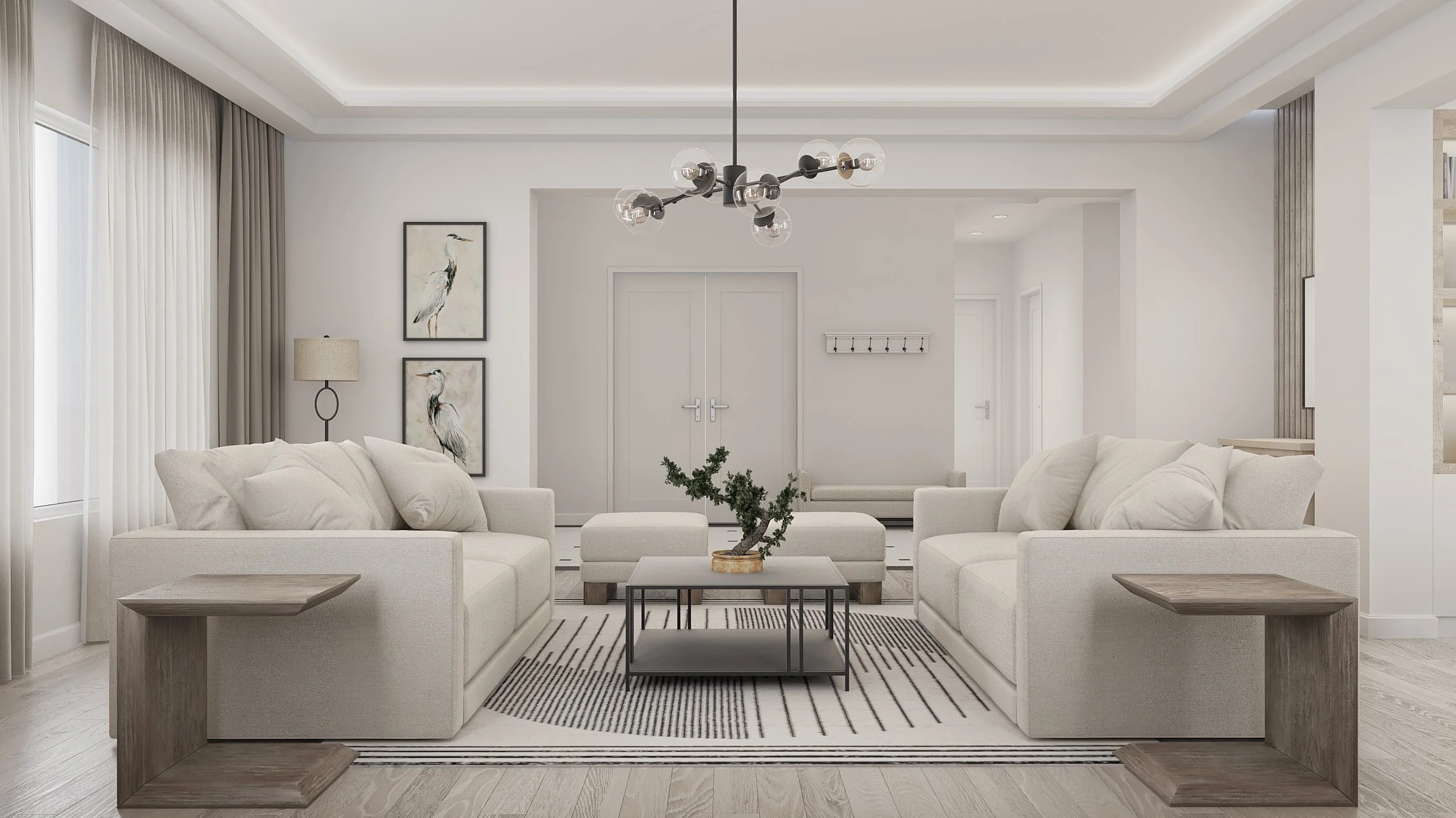 A modern, minimalist living room with two beige sofas, a black coffee table with a bonsai tree, a striped rug, and artwork of herons on the wall. The room has white walls, light wood flooring, beige curtains, and a contemporary light fixture.