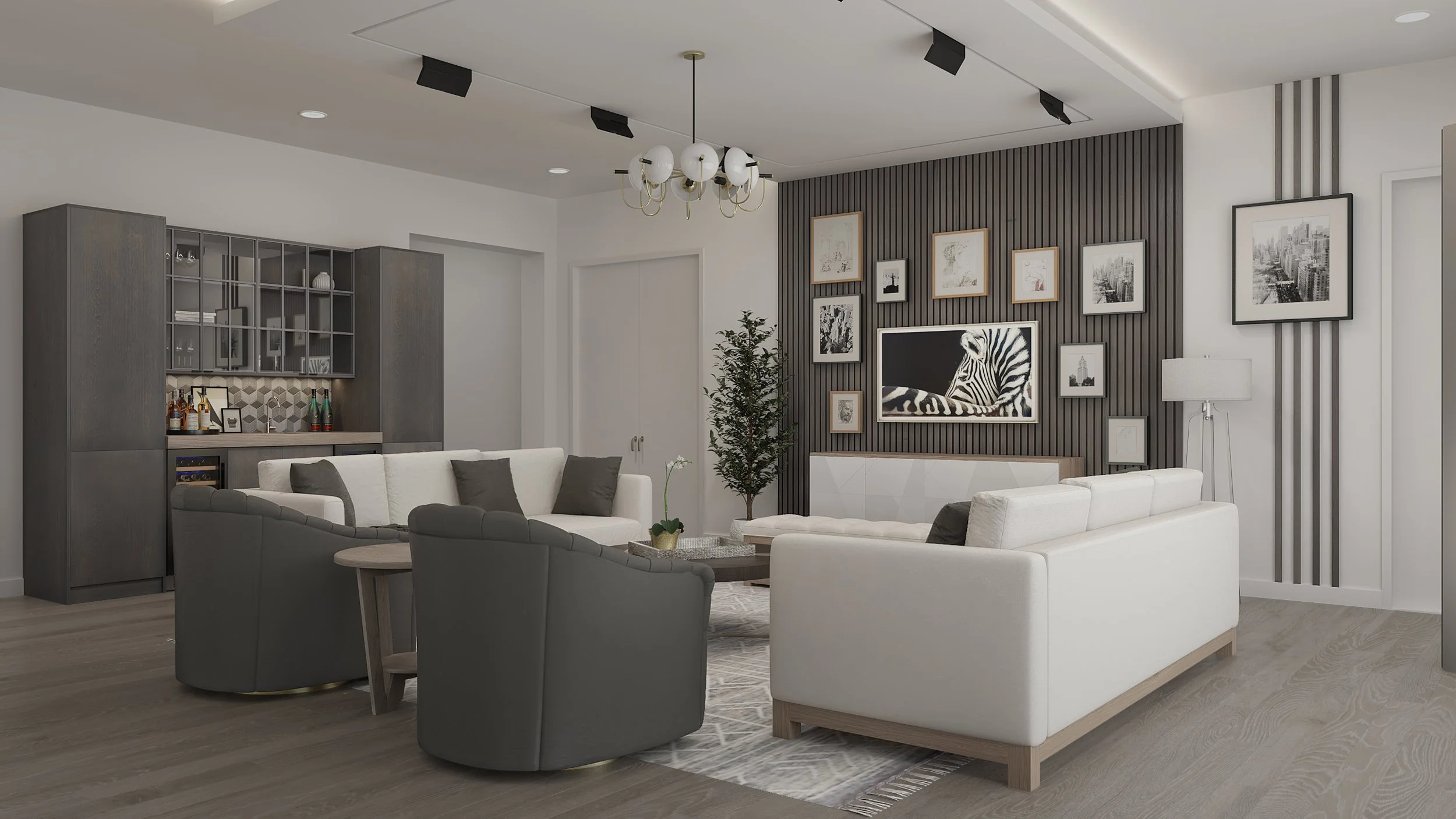 Modern living room with white and gray sofas, a black accent wall with framed artwork and a wall-mounted zebra picture, a wooden coffee table, a floor lamp, and a gray bar area against the wall.