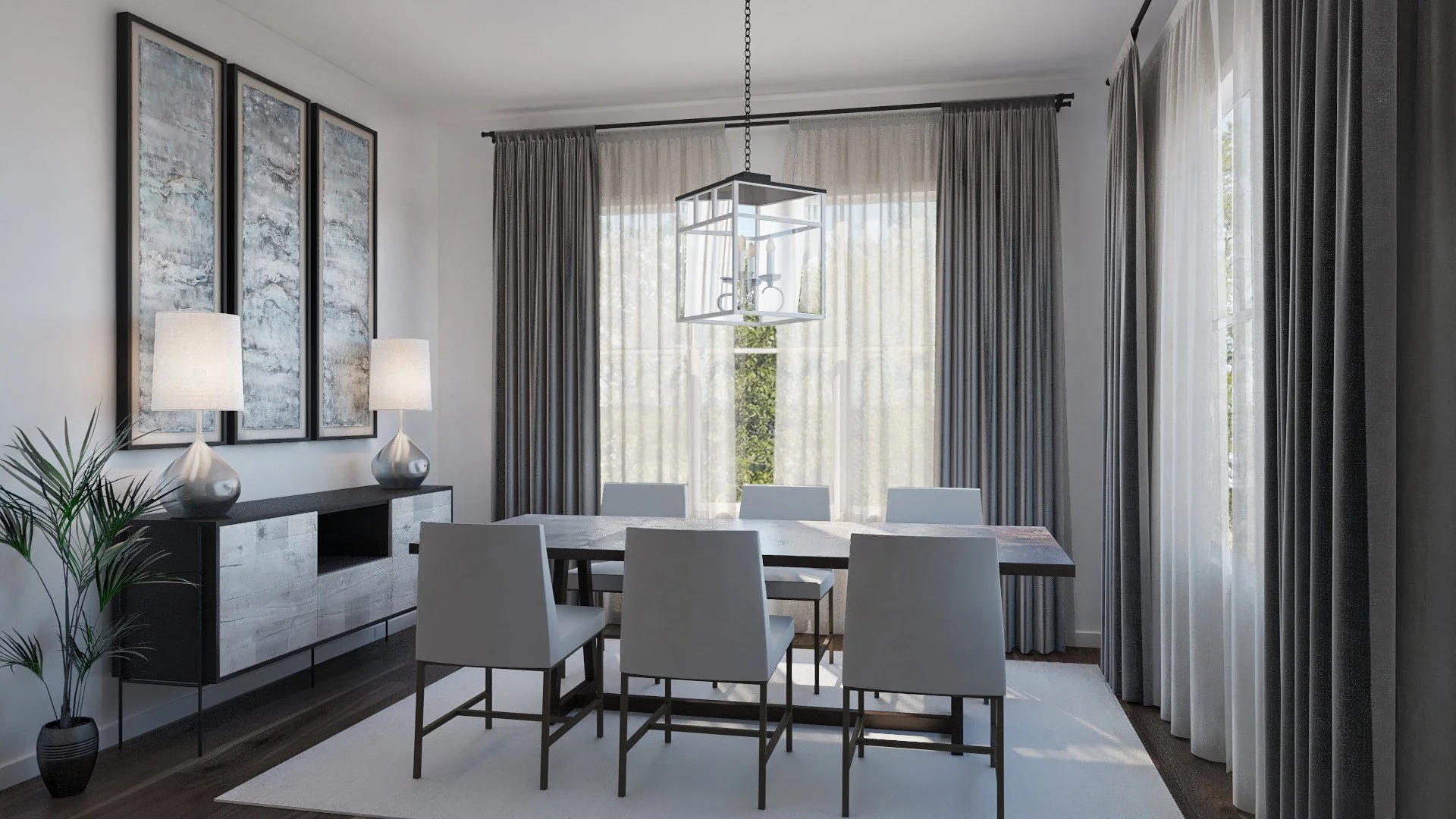 Modern dining room with six white chairs surrounding a wooden table, decorative artwork on the wall, two table lamps on a black sideboard, large windows with sheer and dark curtains, a potted plant, and a center chandelier.