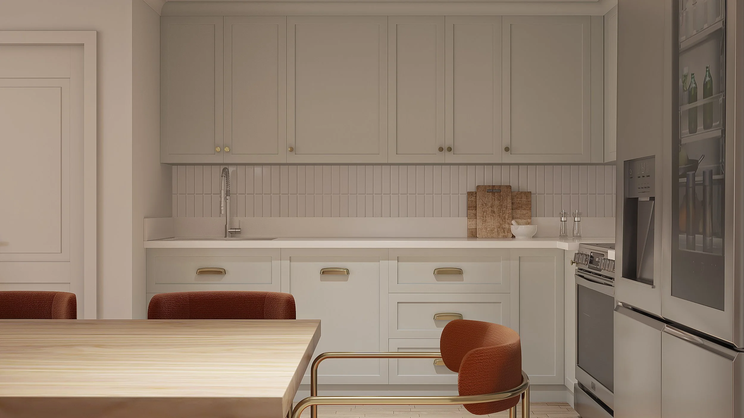 Stylish modern glam kitchen with soft pistachio pastel cabinets, a wooden dining table, and deep red chairs with gold accents.