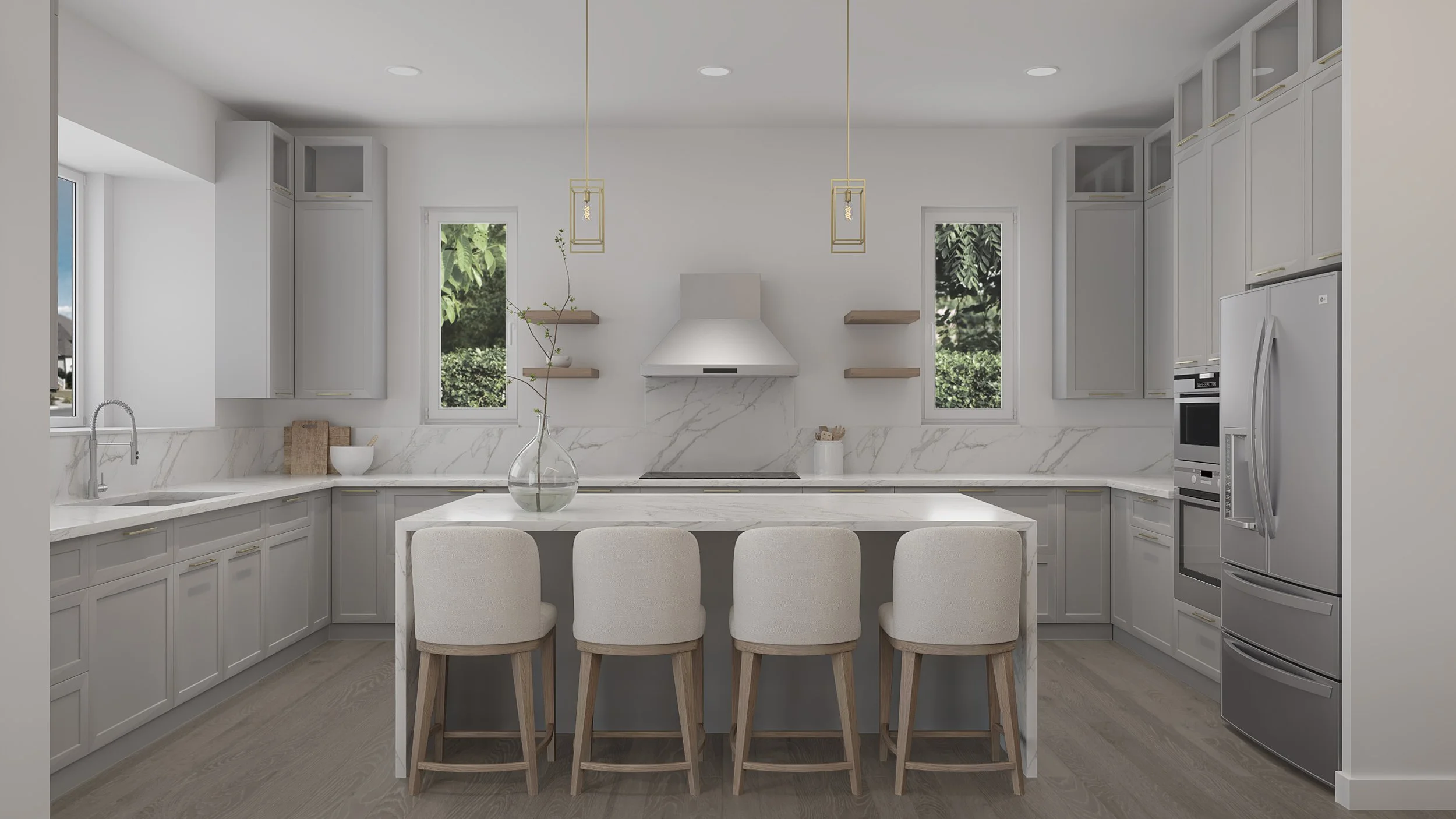 Modern white kitchen with marble countertops and backsplash, beige bar stools, and stainless steel appliances. There are two small windows behind the stove, and open shelves on either side. A glass vase with a plant is on the island.