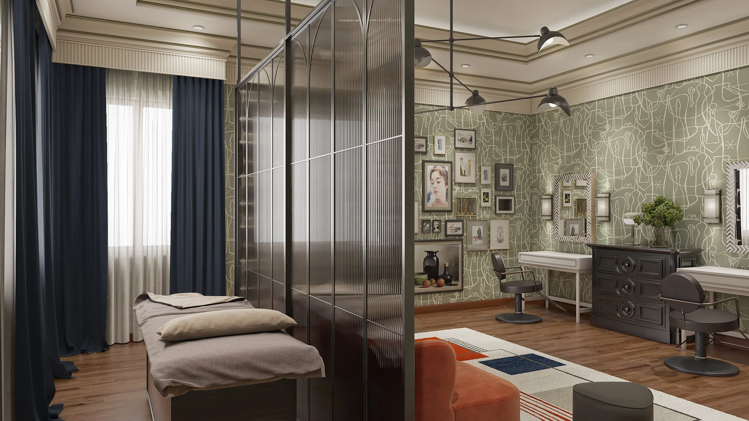Interior of a modern room divided by a metallic partition, with a bed and a large window with blue curtains on the left, and a decorated wall with framed pictures and mirrors, a black dresser, and a white desk with chairs on the right.