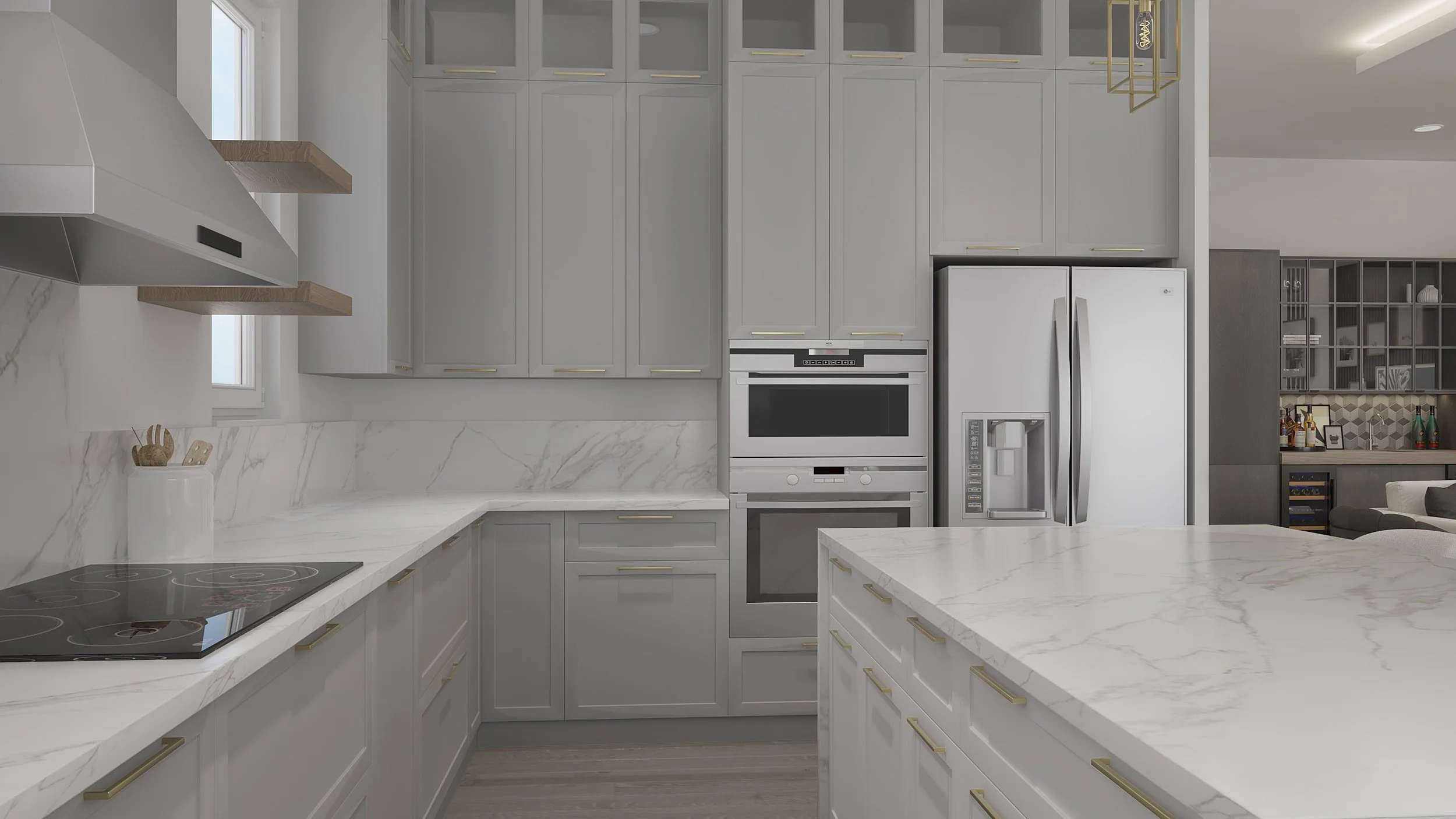Modern kitchen with white marble countertops, white cabinetry with gold handles, stainless steel appliances, and a gray island. There's a built-in oven, microwave, and refrigerator, with wooden floating shelves and a small window.