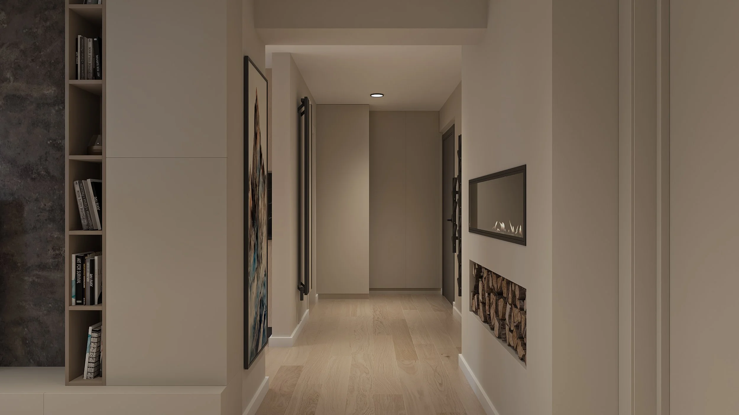 Modern hallway with wooden floor, wall-mounted fireplace, bookshelves, art, and artwork.