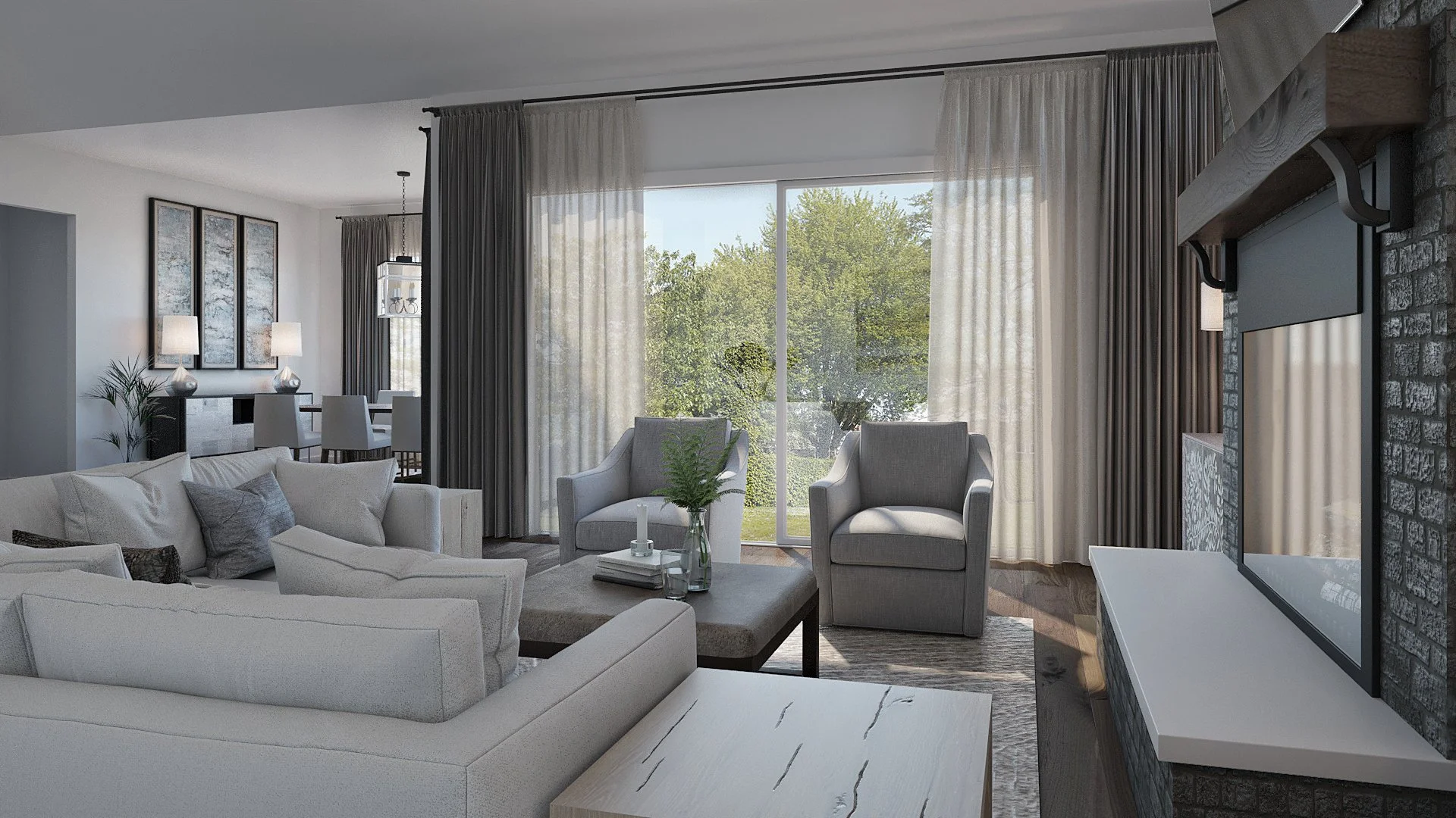 Living room with beige sofa and armchairs, a coffee table with a vase and candles, large sliding glass door with sheer and blackout curtains, and a fireplace with a mounted TV.